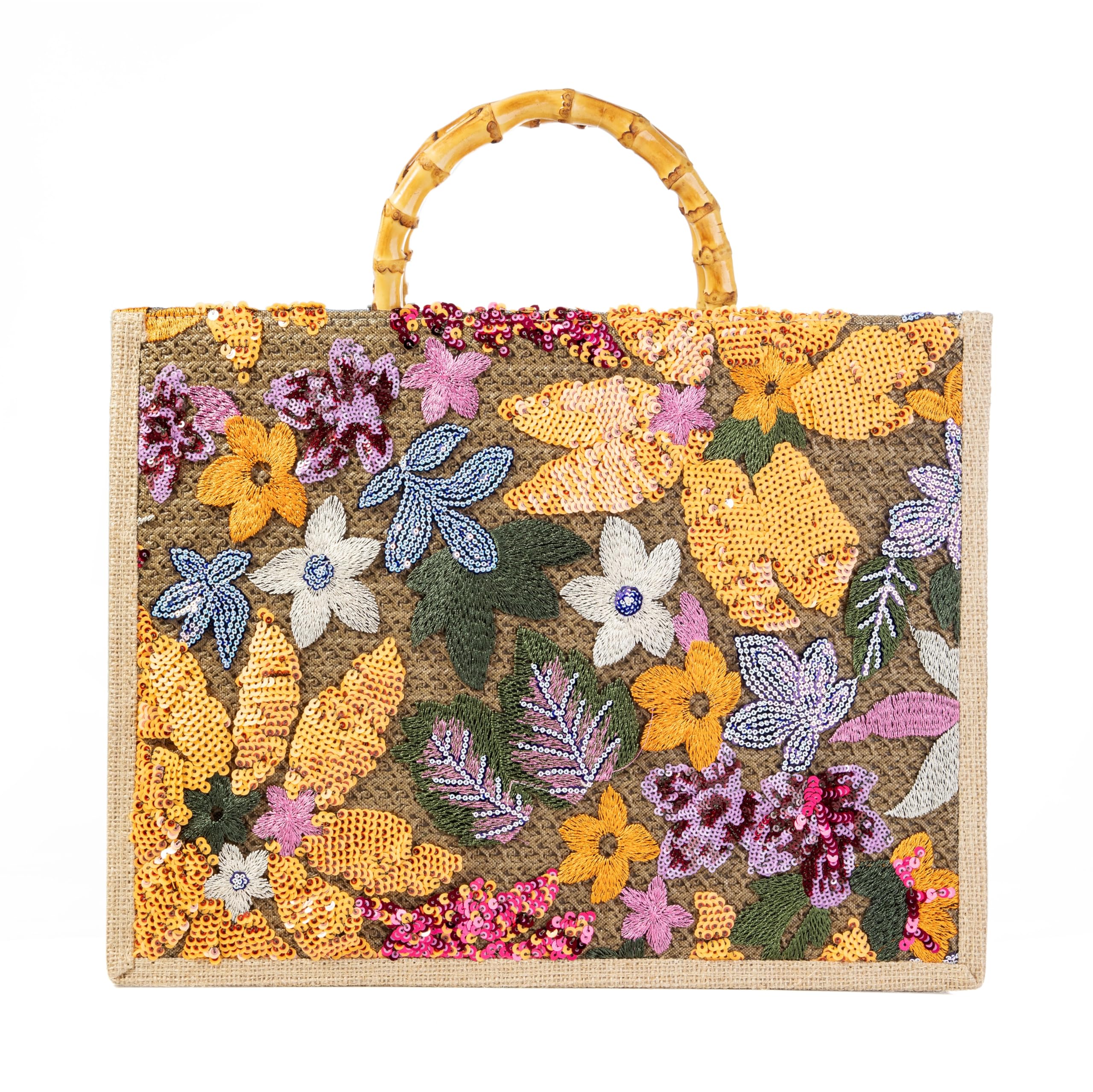 マルマル 和装用バッグ アイボリー 花柄刺繍 バンブーハンドル