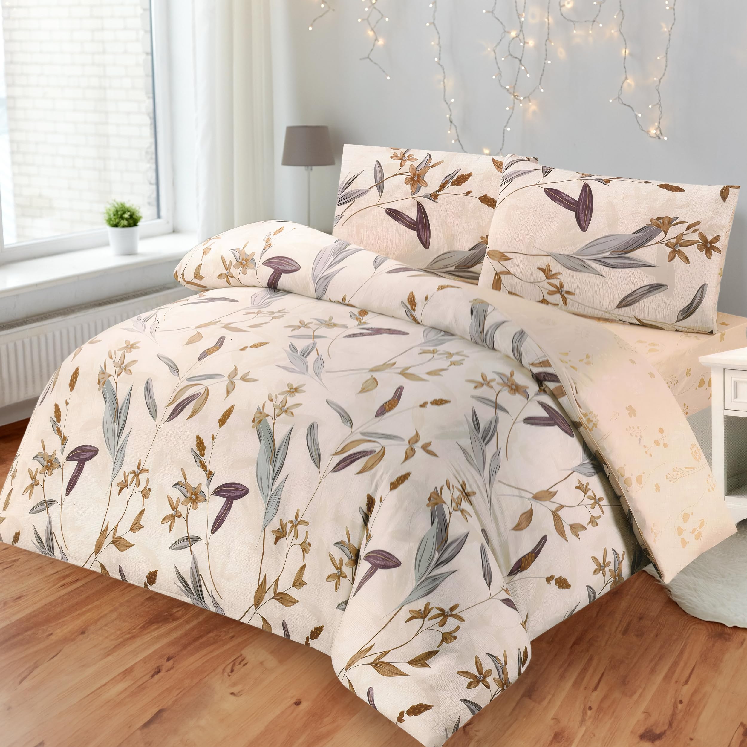 BESCH Juego de Funda Nordica Estampada 4 Piezas de Microfibra para Cama de 150 - Funda Edredon 220x240 cm, Bajera 150x200+30 cm y 2 Fundas Almohada 50x90 cm (Flores Silvestres)
