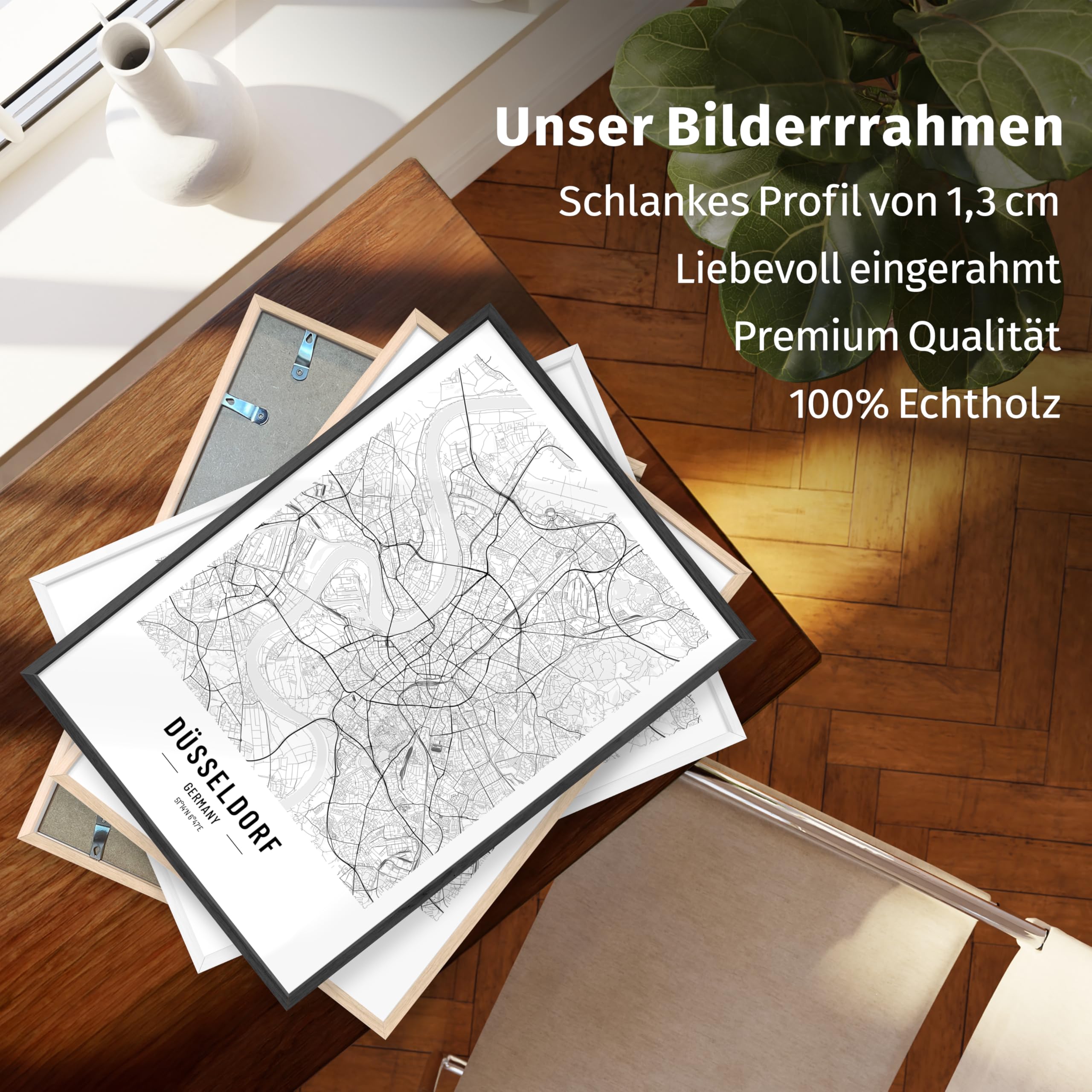 JUNOMI® Düsseldorf Poster DIN A2 mit Rahmen Schwarz, DIN A2 Wohnzimmer Deko, Modernes Wandbild, Düsseldorf Bild, Wandbild mit Rahmen, Stadtplan Poster Düsseldorf, perfekte Geschenkidee