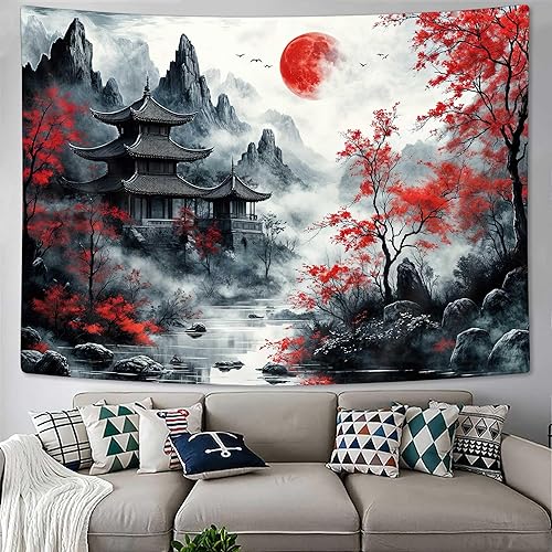 Miniatura 3 de Tapiz de anime japonés negro y rojo, tapiz de bosque de montaña con flor de cerezo para colgar en la pared, tapiz de paisaje de naturaleza asiática
