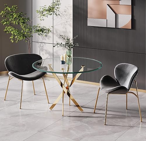 SSLine Mesa de comedor de cristal para cocina, mesa redonda moderna con tapa de vidrio templado y patas doradas de acero inoxidable con diseño X