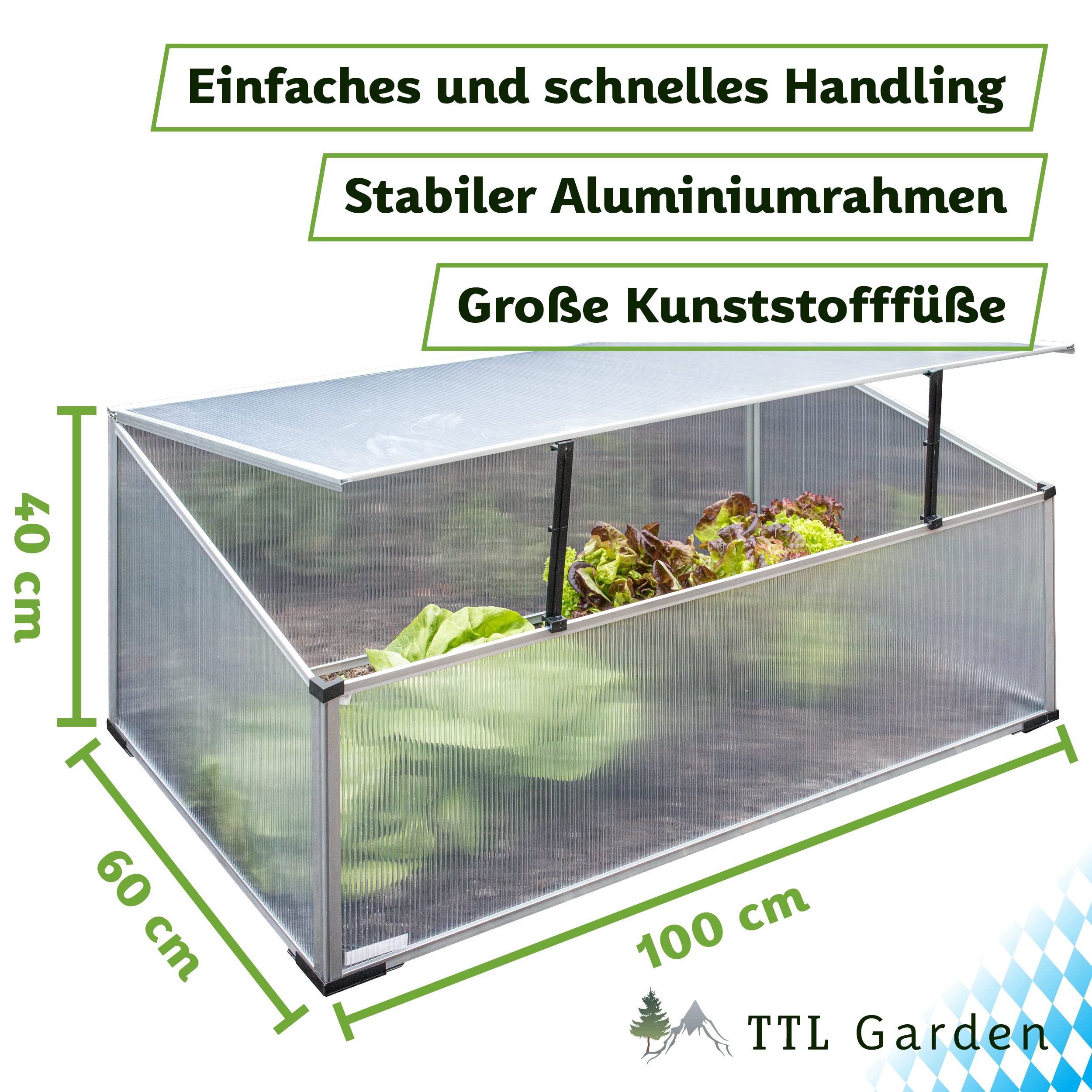 TTL GARDEN Frühbeet Aufsatz 100x60x40cm Alu & Polycarbonat - Hochbeet Kasten Mini Gewächshaus Frühbeetkasten 100 cm lang 60 cm breit, Wärme & Schutz für Pflanzen im Frühjahr, Deckel einstellbar