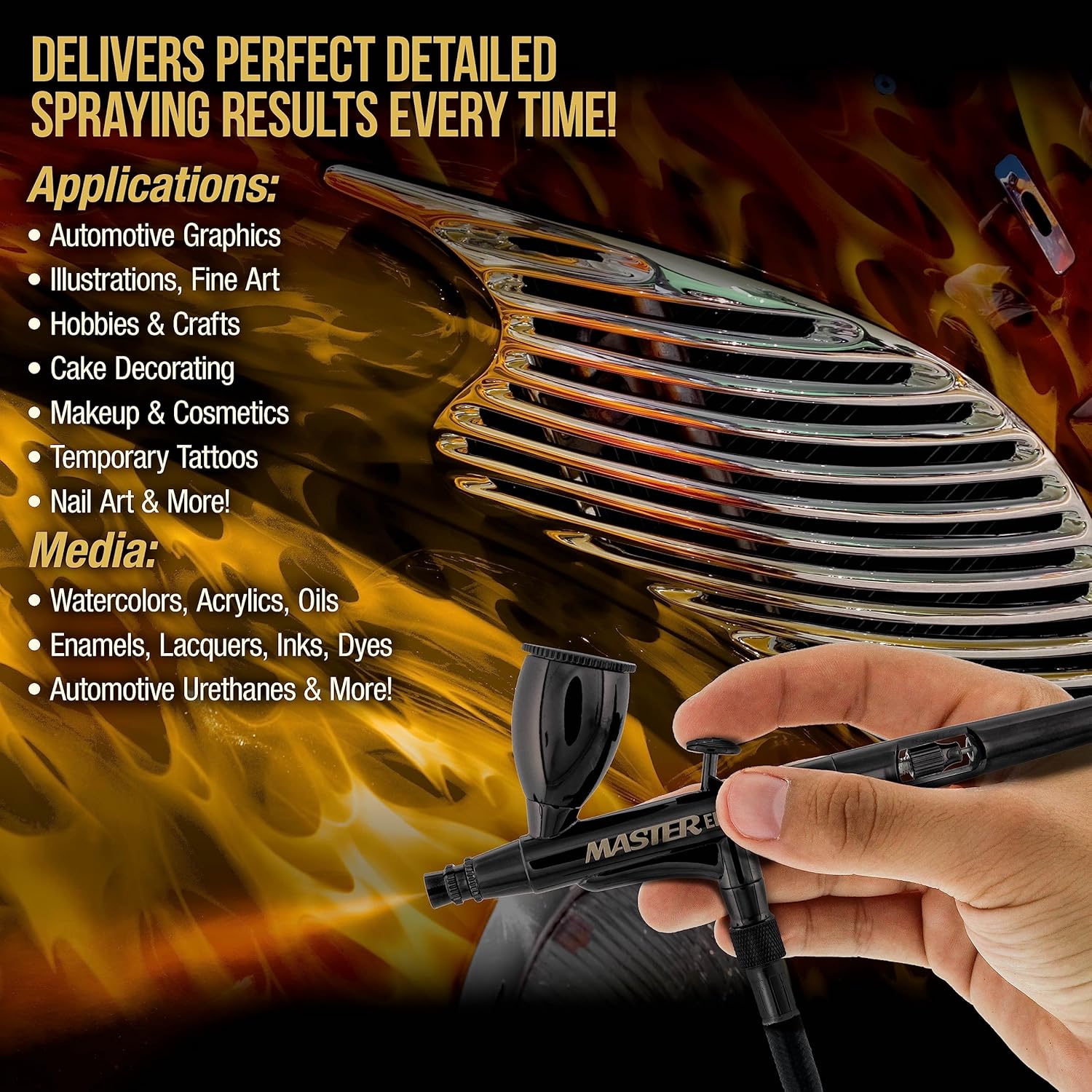 Master Elite Plus Airbrush Set, Model 120 - Elite Level Spray Performance Dual-Action Gravity Feed Airbrush Kit with Case, 0.3mm Tip, 2 Cups, Filter - Auto-Graphics, Art, Cake, Tattoo, Craft Hobby