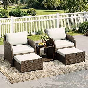 PeakPursuit 5 Pcs Wicker Patio Furniture with Thickened Cushion, Waterproof & UV-Resistant Outdoor Furniture Set, Conversation Set Patio Furnitures for Garden Balcony Deck Backyard, Beige