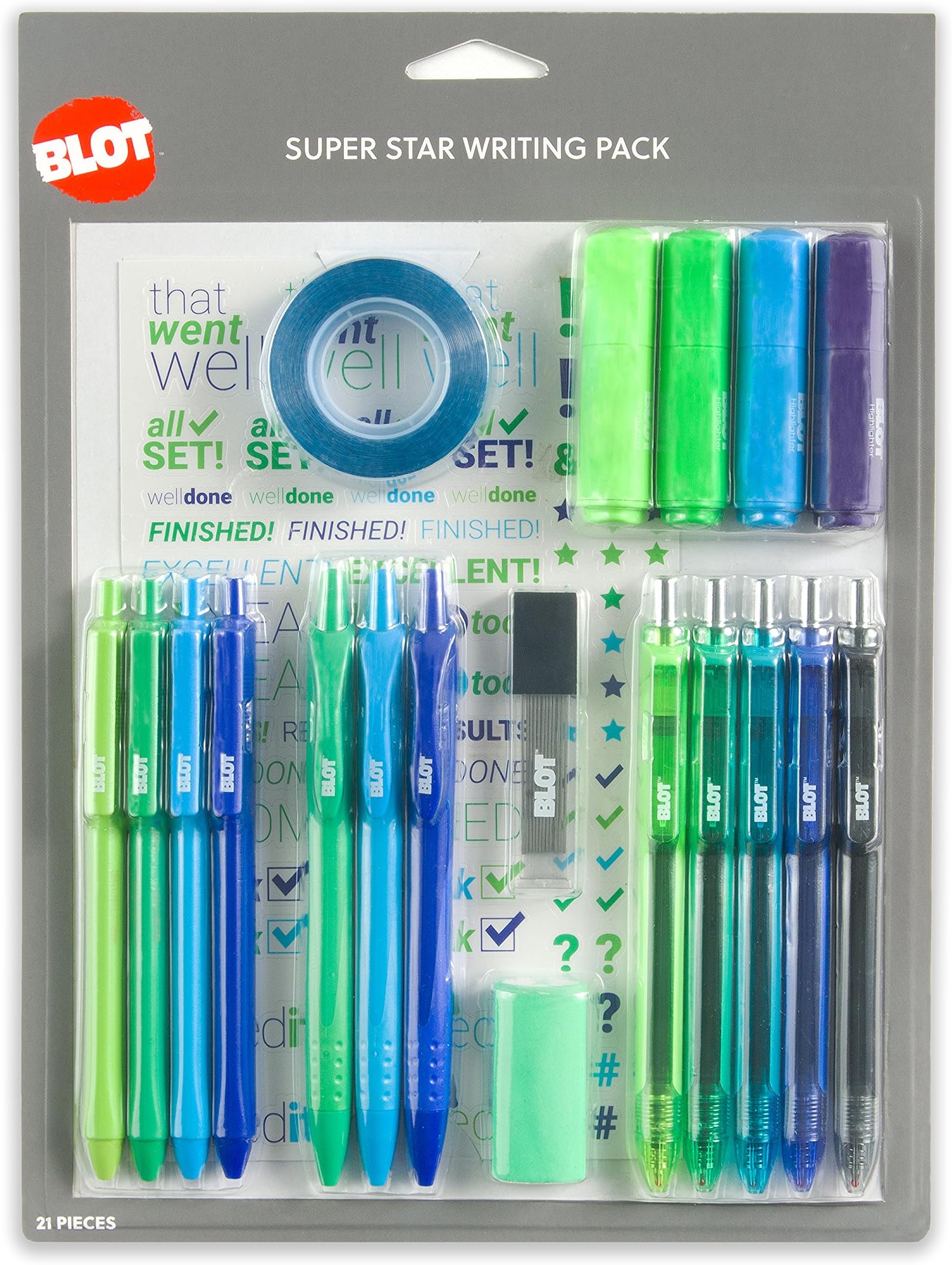 BLOT Super Star Writing Pen Value Pack - Ballpoint Pen, Gel Pen, Mechanical Pencil, Mini Highlighter, Lead Refill, Eraser, Decor Tape and Sticker Sheet Set, Pink/Orange, 21-Ct