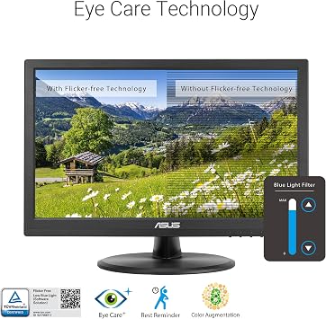 ASUS 15.6 1080P Touch Monitor (VT169HE) - Full HD, 10-Point Touchscreen, IPS, Wide Viewing Angle, Frameless, Eye Care, Flicker Free, Low Blue Light, HDMI, Windows 11 Compliance, VESA Mountable