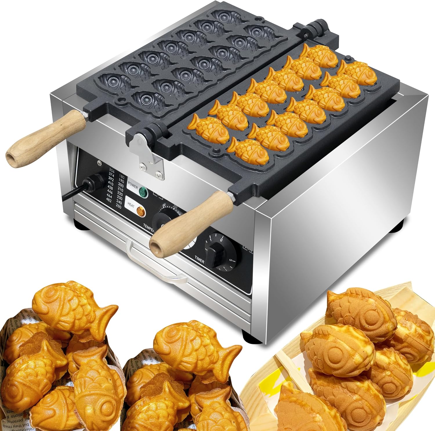 Commercial Taiyaki fish Waffle Maker 14pcs Non-stick Big Eyes Small Fish Waffle Maker Mini Fish Shaped Waffles Iron with Non-Stick Teflon Coating,50-300℃/122-572℉ Adjustable