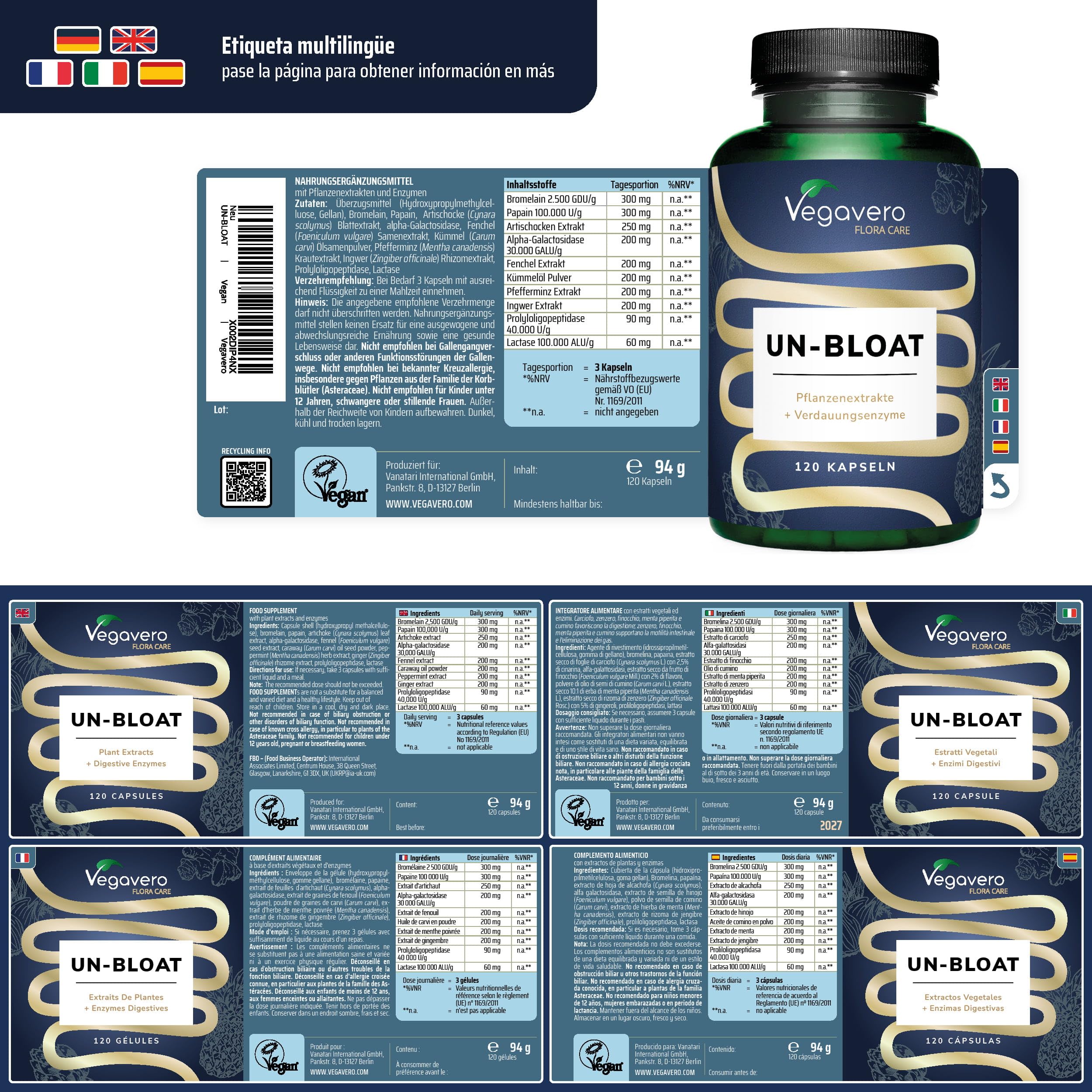 Vegavero Un-Bloat | Complejo de Enzimas Digestivas para Gases e Hinchazón Adultos | 120 Cápsulas | con Bromelina, Papaína, Lactasa, Alfa-d-galactosidasa | Vegano y Sin Aditivos