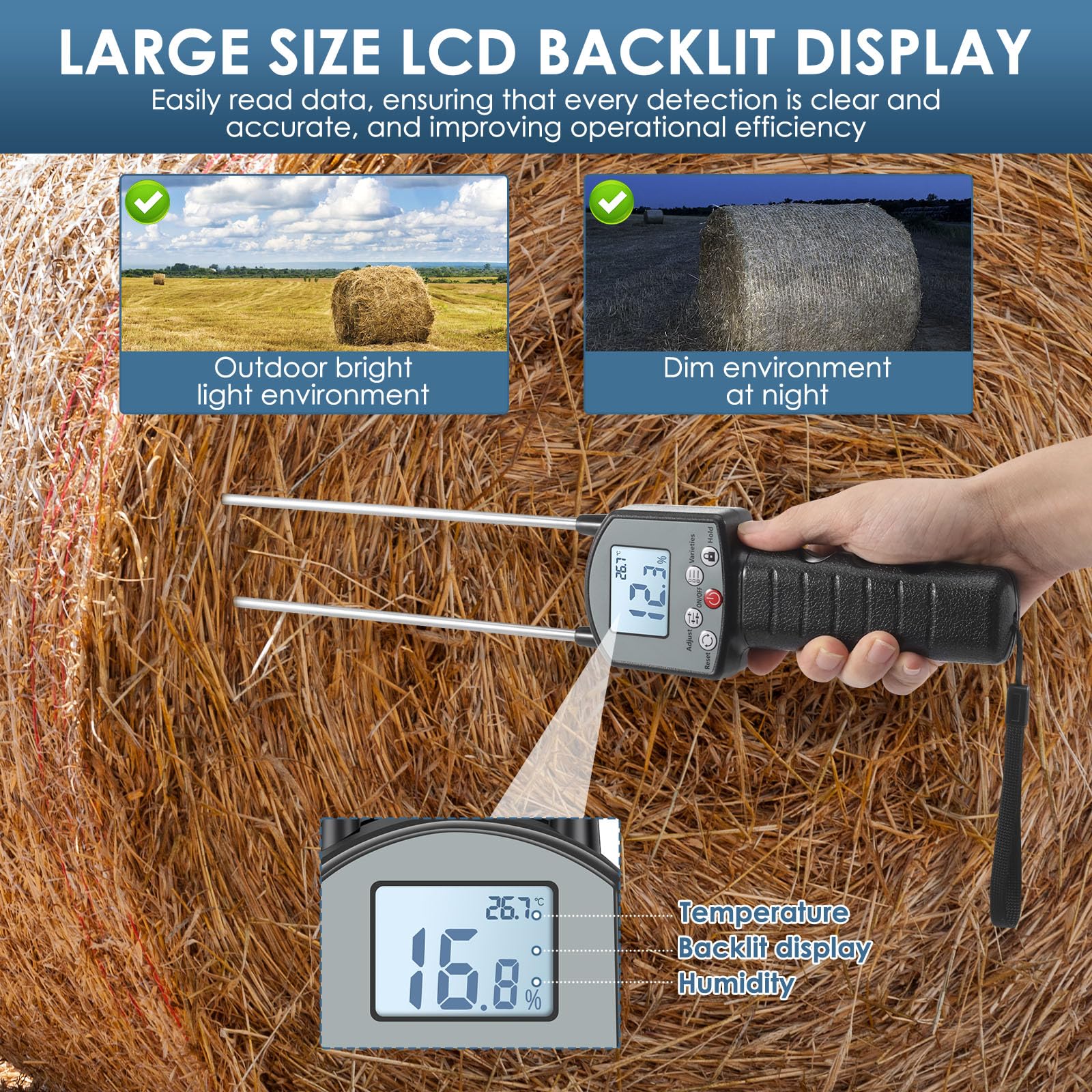 Medidor de humedad de heno digital 0-80% con retroiluminación LCD portátil para alfalfa forraje cereales hierba