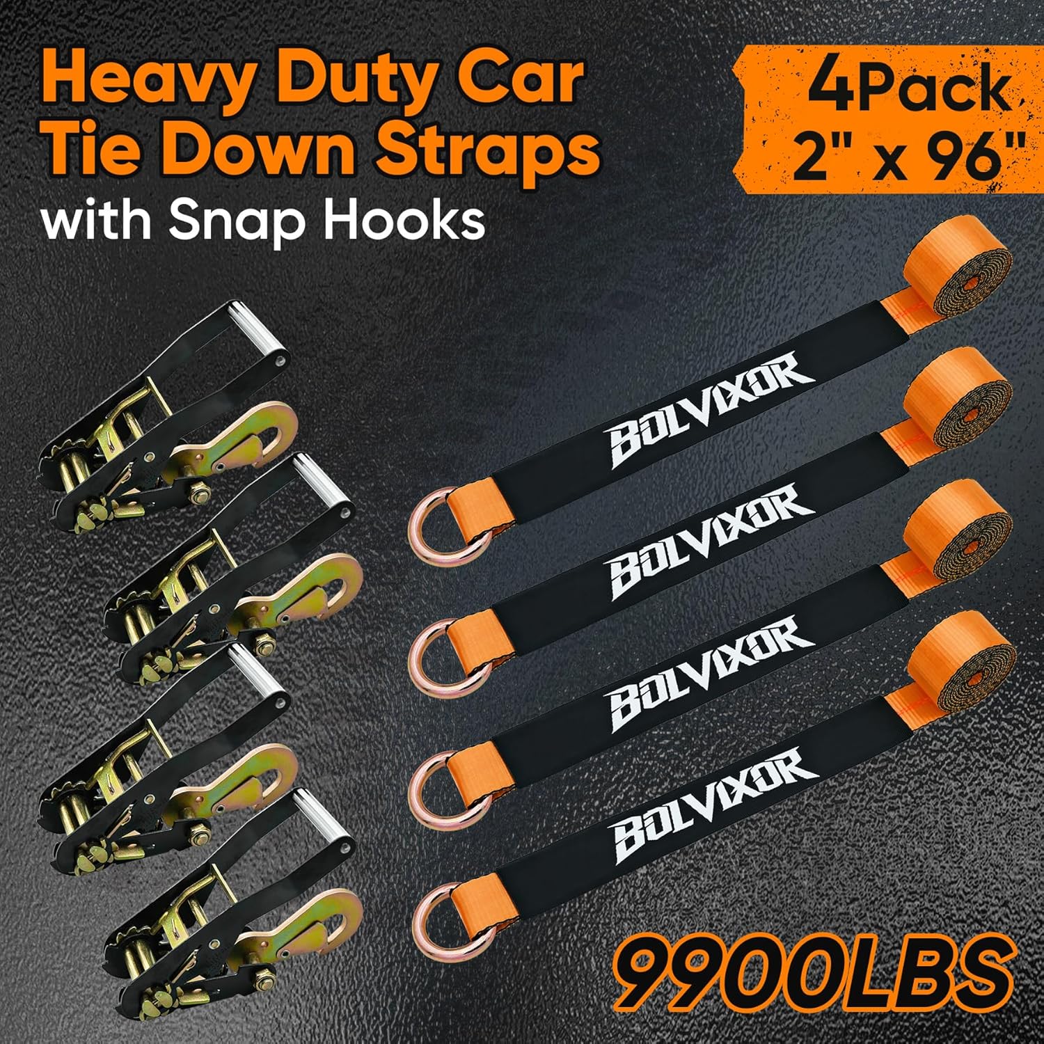 4 Pack Car Tie Down Straps for Trailers - 2" x 96" - 9900LBS Break Strength - Tire Ratchet Strap with Snap Hooks - Adjustable Wheel Straps for Hauling UTV, SUV, Truck, Any Cars - Image 2