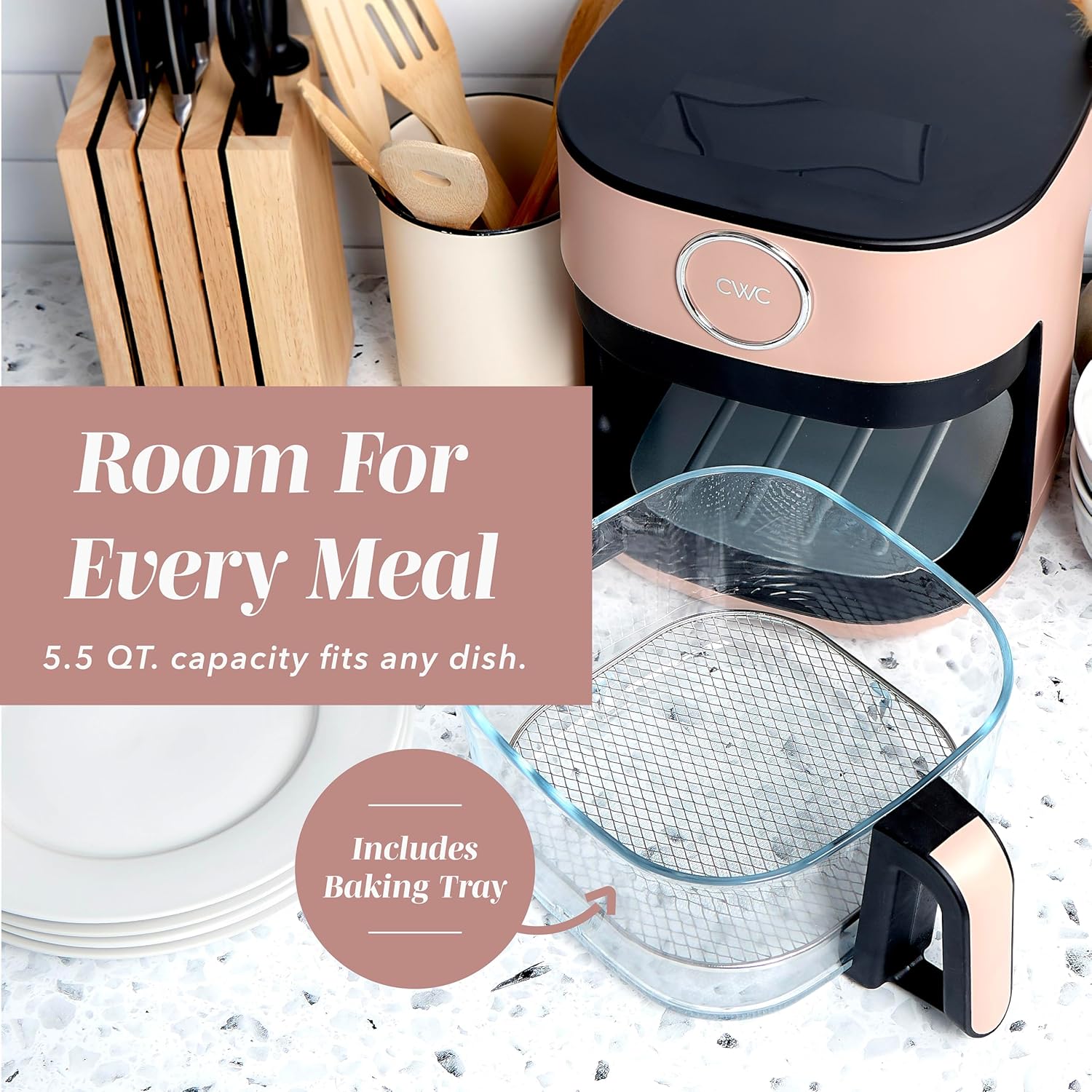 COOK WITH COLOR 1400W 5.5Qt Digital Kitchen Air Fryer with Glass Basket, 8 Presets Healthy Cooking Options, Bake, Fry, Reheat, 60-Min Timer, Adjustable Temperature Control 175°F–400°F, Blush 91YTQv4ToVL. AC SL1500