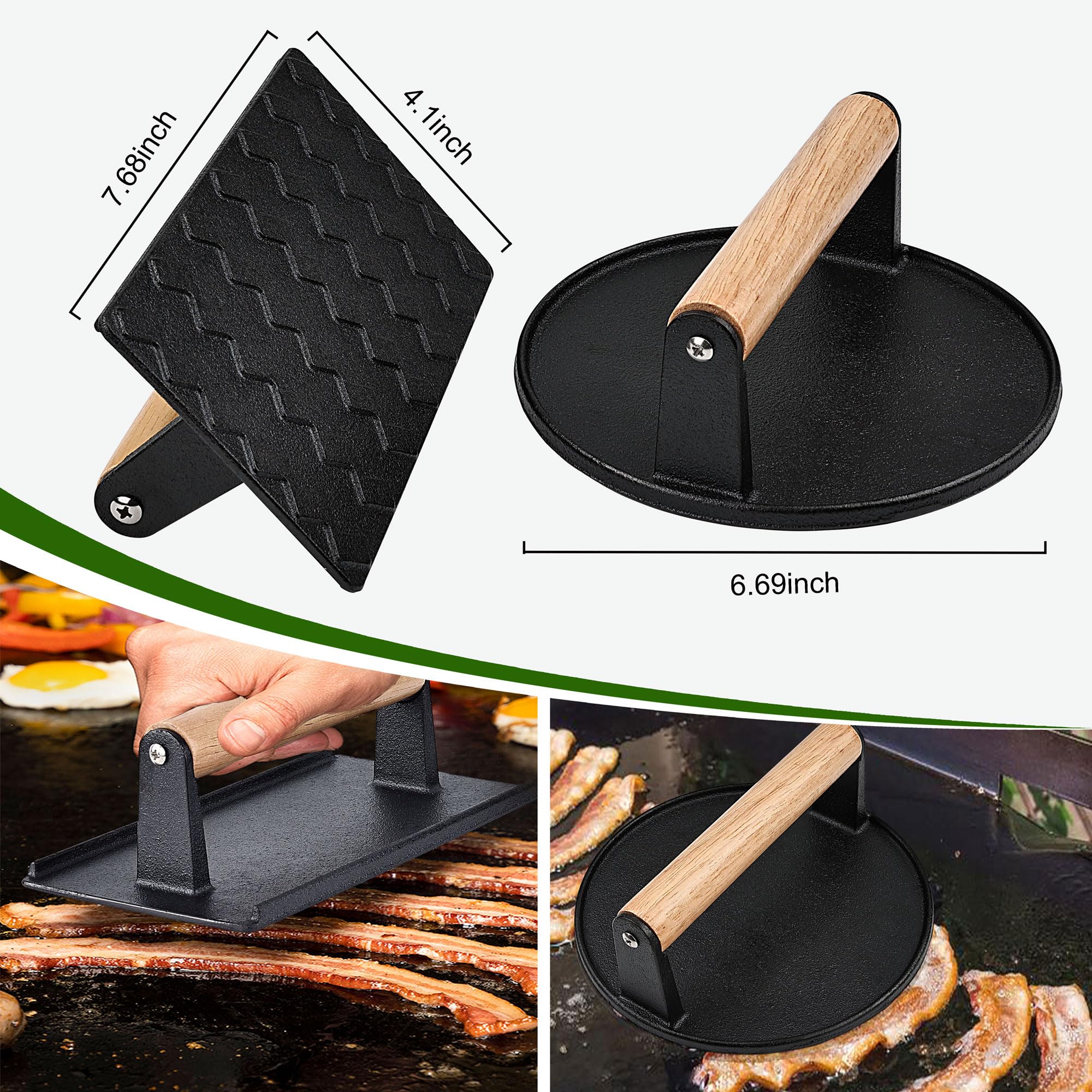 POLOGO - Kit de 5 piezas para hacer hamburguesas – Molde de hamburguesas relleno 4 en 1, 2 prensas de hamburguesas de hierro fundido, cepillos de salsa incluidos, juego de prensa antiadherente para