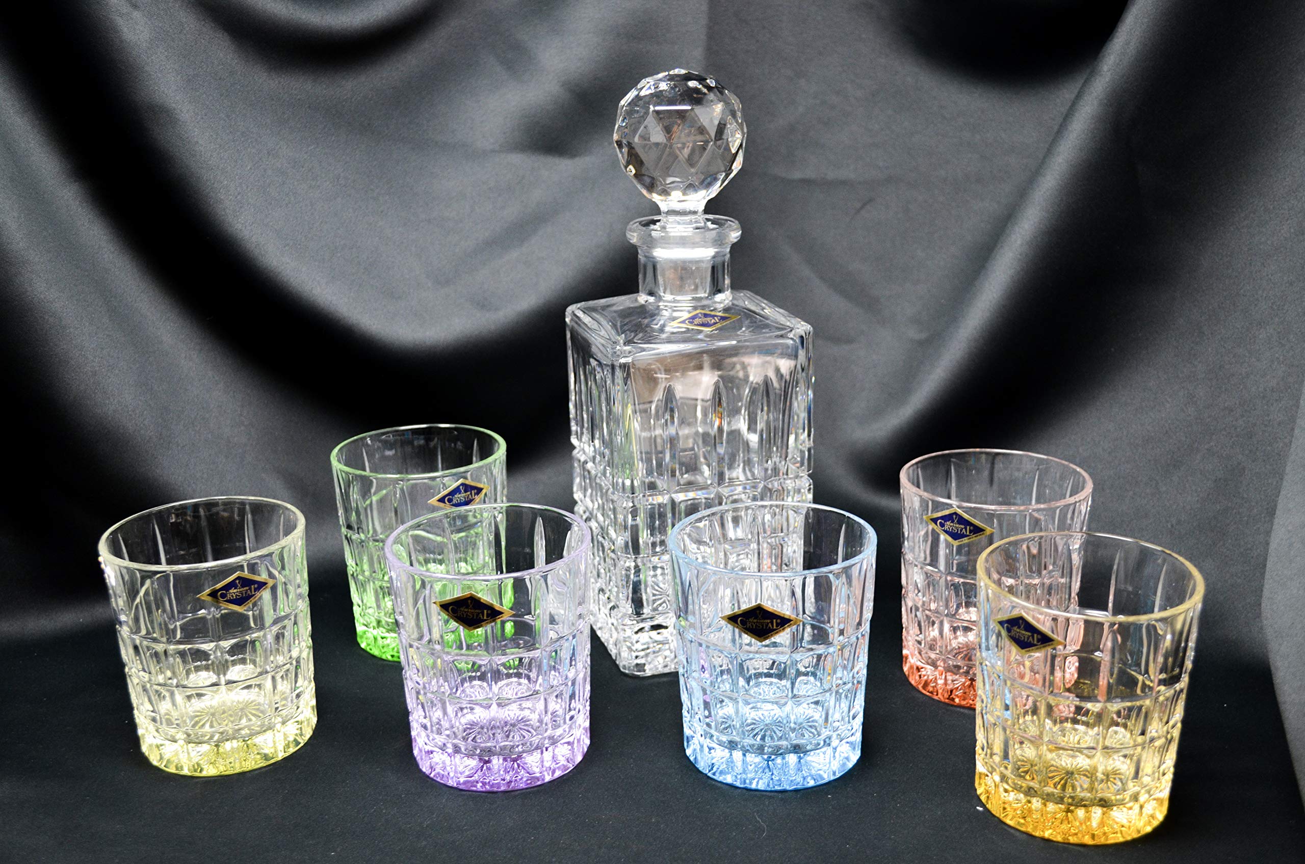 Whiskey Decanter Tumbler set of 1+6, Multi-colored Crystal Glass Vodka Water Rock Glass 23/10oz, Old Fashioned, Crystal Gift, Bohemia Czech