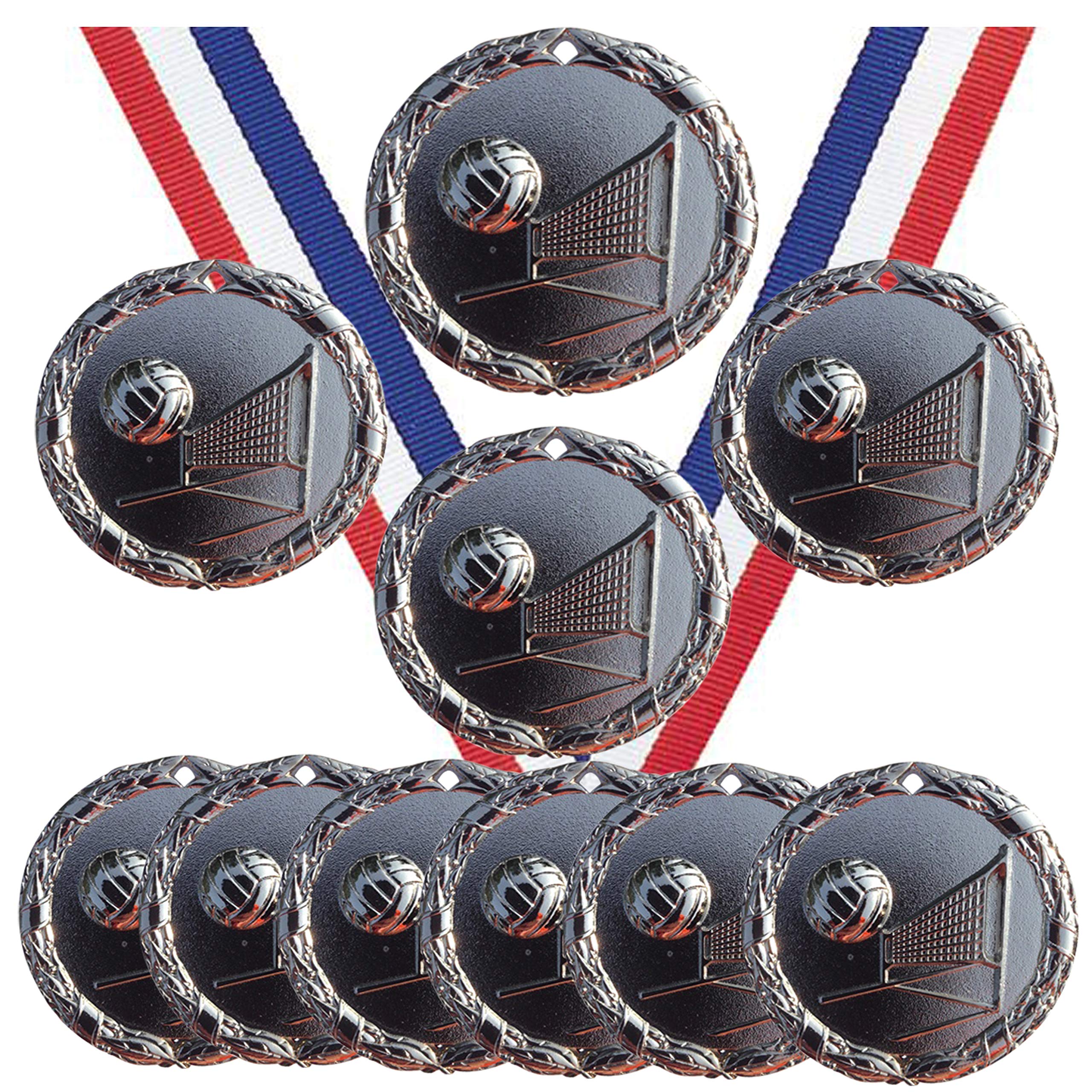 Silver Volleyball Medals Trophy Champion Participant Award Prize with Neck Ribbons (Pack of 10)