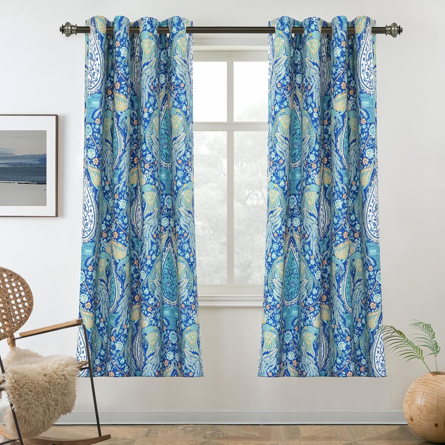 DriftAway Floral Teal Curtains for Bedroom 80% Blackout Thermal Insulated Lined Double Layer Vintage Peacock Printed Pattern Darkening Drapes for Living Room Grommet 2 Panels 52 Inch by 63 Inch Teal