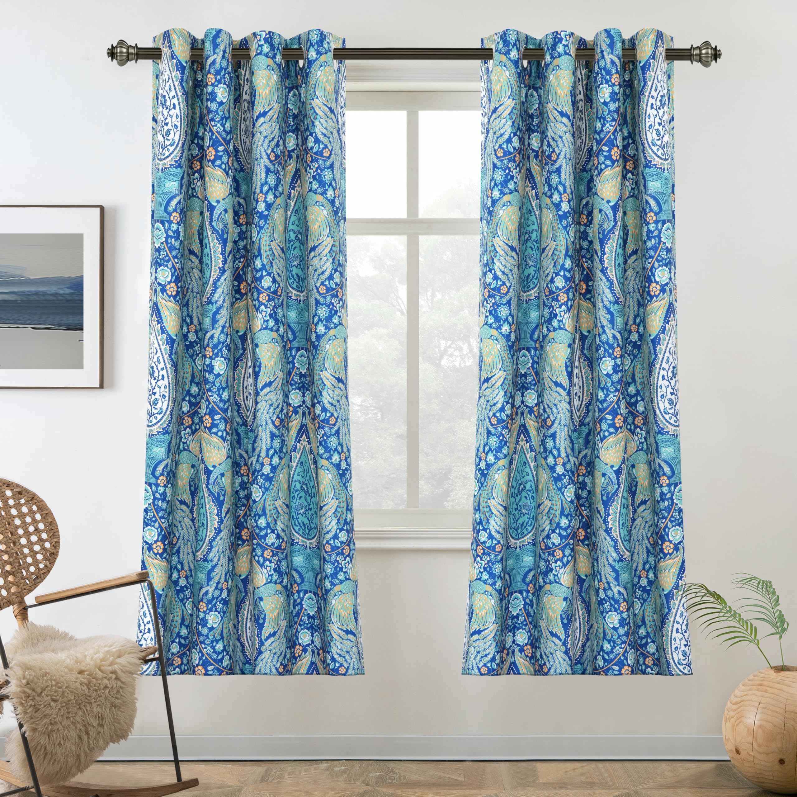 DriftAway Floral Teal Curtains for Bedroom 80% Blackout Thermal Insulated Lined Double Layer Vintage Peacock Printed Pattern Darkening Drapes for