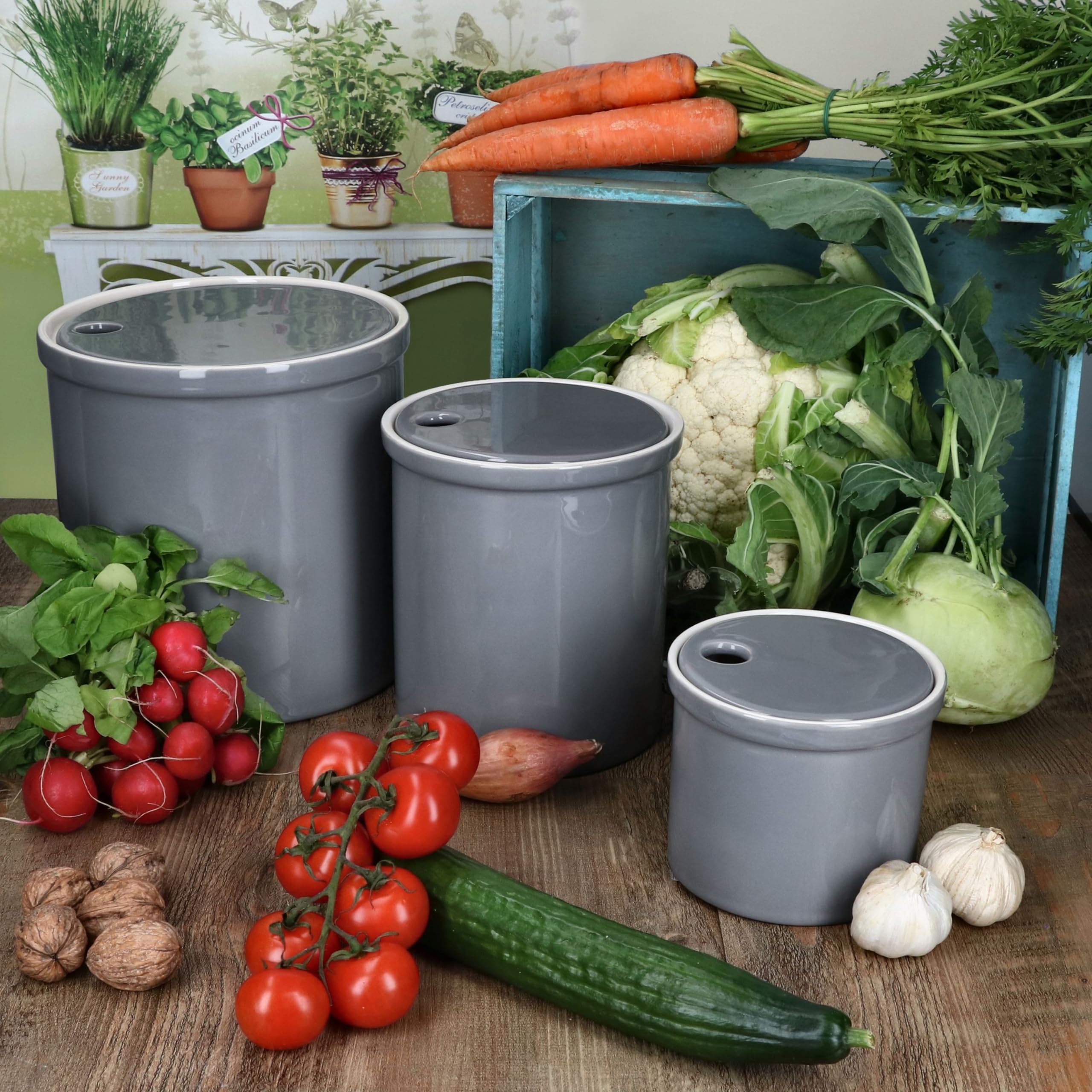 MamboCat 3er Set Oskar Vorratsdose S, M & L in Grau I Topf mit Deckel für Kartoffeln, Zwiebeln & Knoblauch aus weißem Ton für Ihre Küche I zylindrische Aufbewahrungsbox