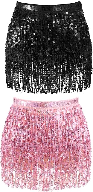 Syhood 2 peças de saia de borla de lantejoulas LED com franja que ilumina dança do ventre saia cachecol quadril para meninas mulheres cosplay de Halloween, Preto, rosa claro, M