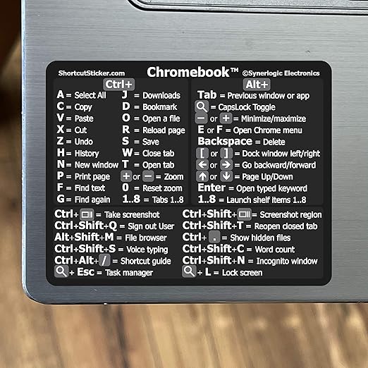 SYNERLOGIC Chrome OS Reference Keyboard Shortcut Sticker - Black Vinyl - Size 3"x2.4" for Any Chromebook Laptop