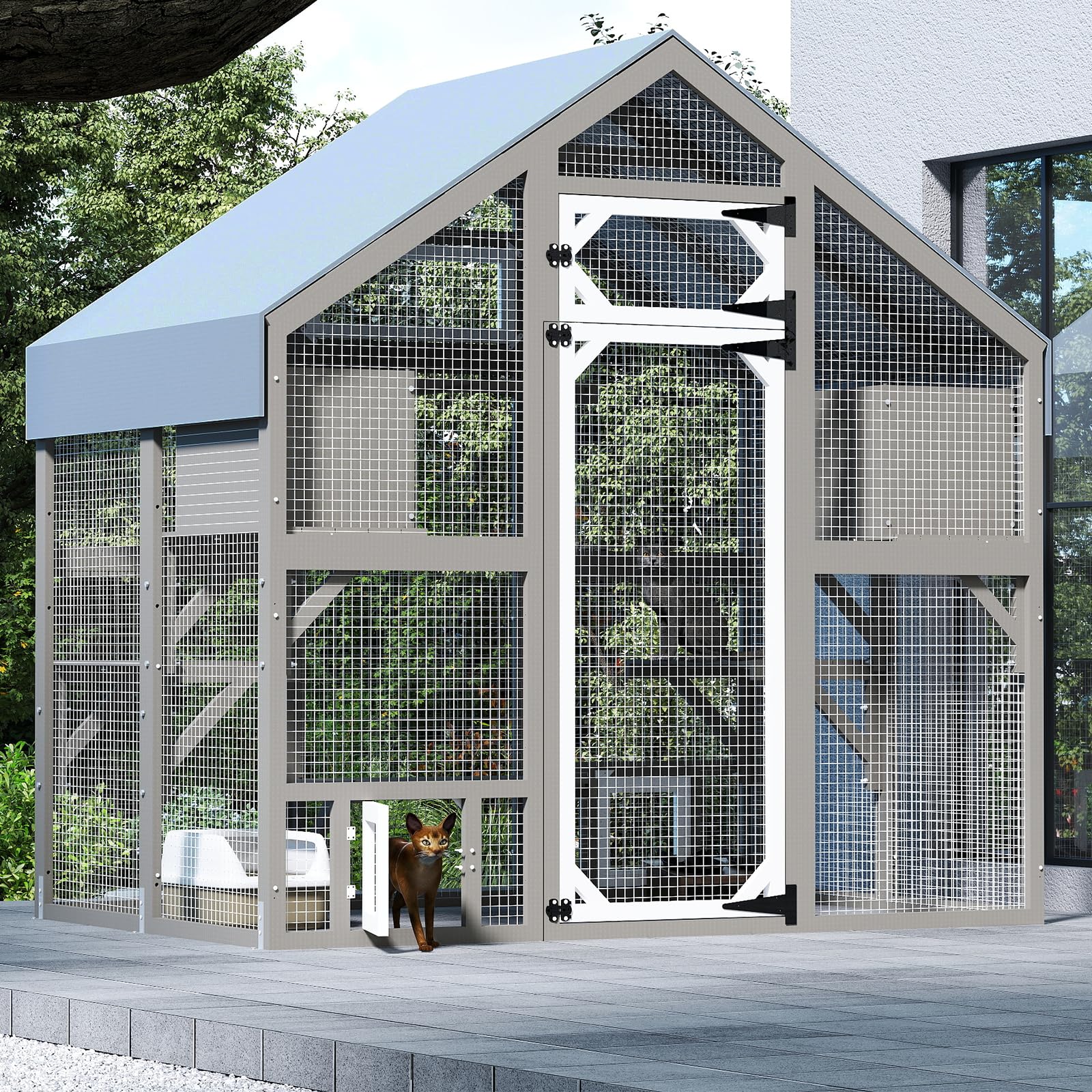 PetsCosset 71" H Catio Outdoor Cat Enclosure for Multiple Cats Large Wooden Walk in Cats House Outside Weatherproof Roof,Attached to House's Window,Cat's Door and Tunnel