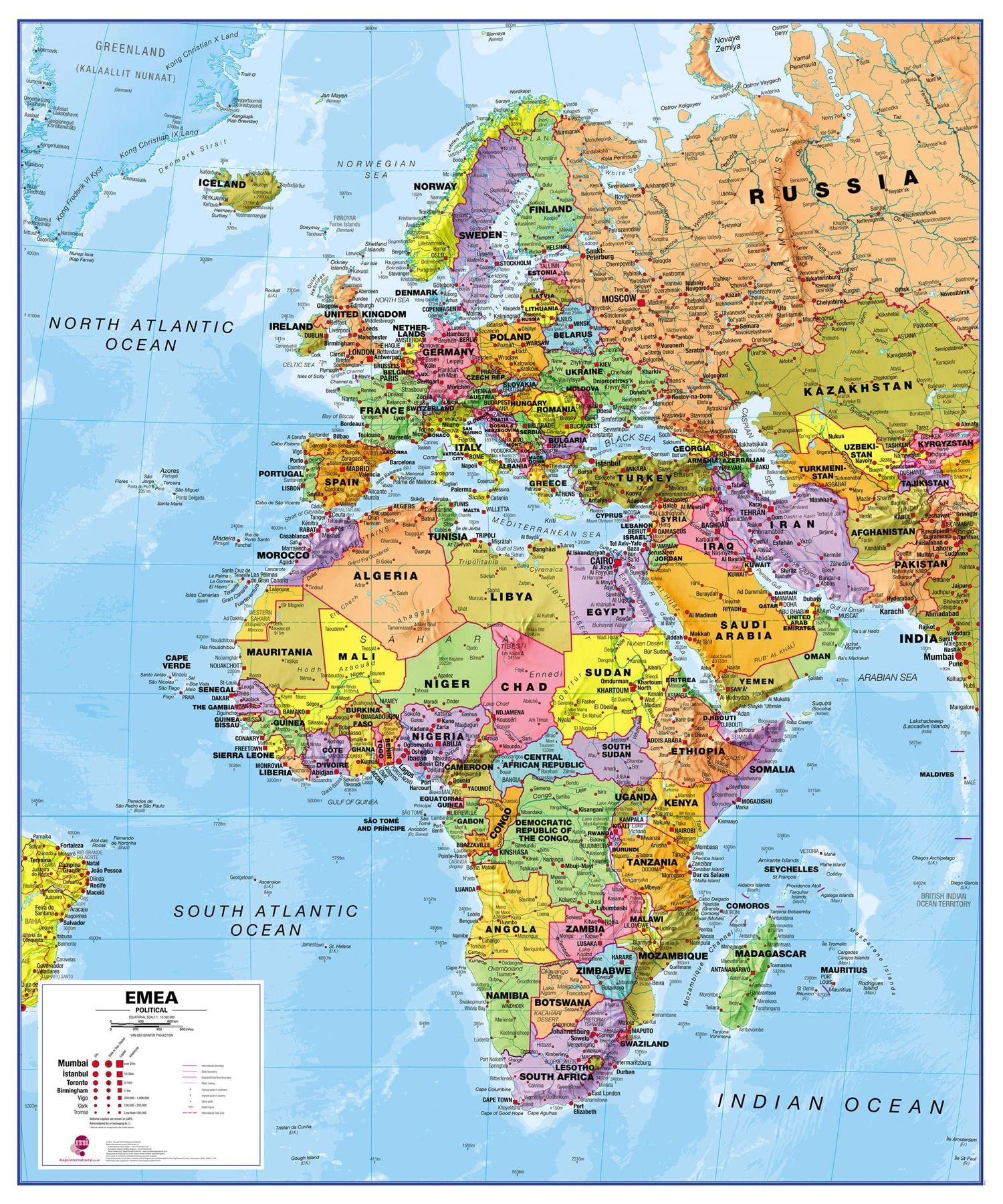 Europe Middle East Africa (EMEA) Political Map (Laminated)
