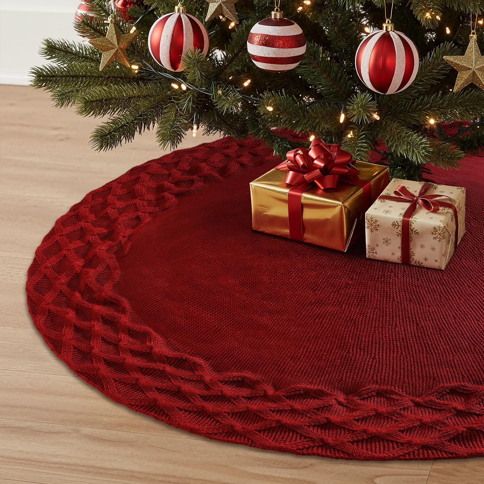 Gonne Rotonda per Alberi di Natale 120 cm Grande Tappeto per Albero di Natale Lavorata a Maglia Motivo a Quadri Copri Base Christmas tree per Casa Vacanze Feste Decorazione, Rosso