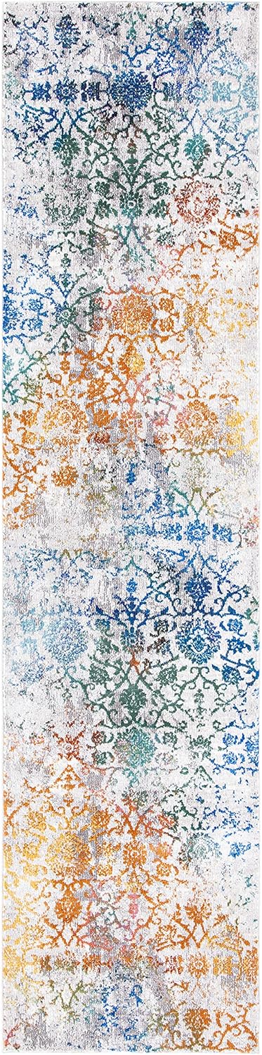 SAFAVIEH Aria Collection Runner Rug - 2' x 8', Grey & Green, Boho Floral Damask Distressed Design, Non-Shedding & Easy Care, Ideal for High Traffic Areas in Living Room, Bedroom (ARA134F)