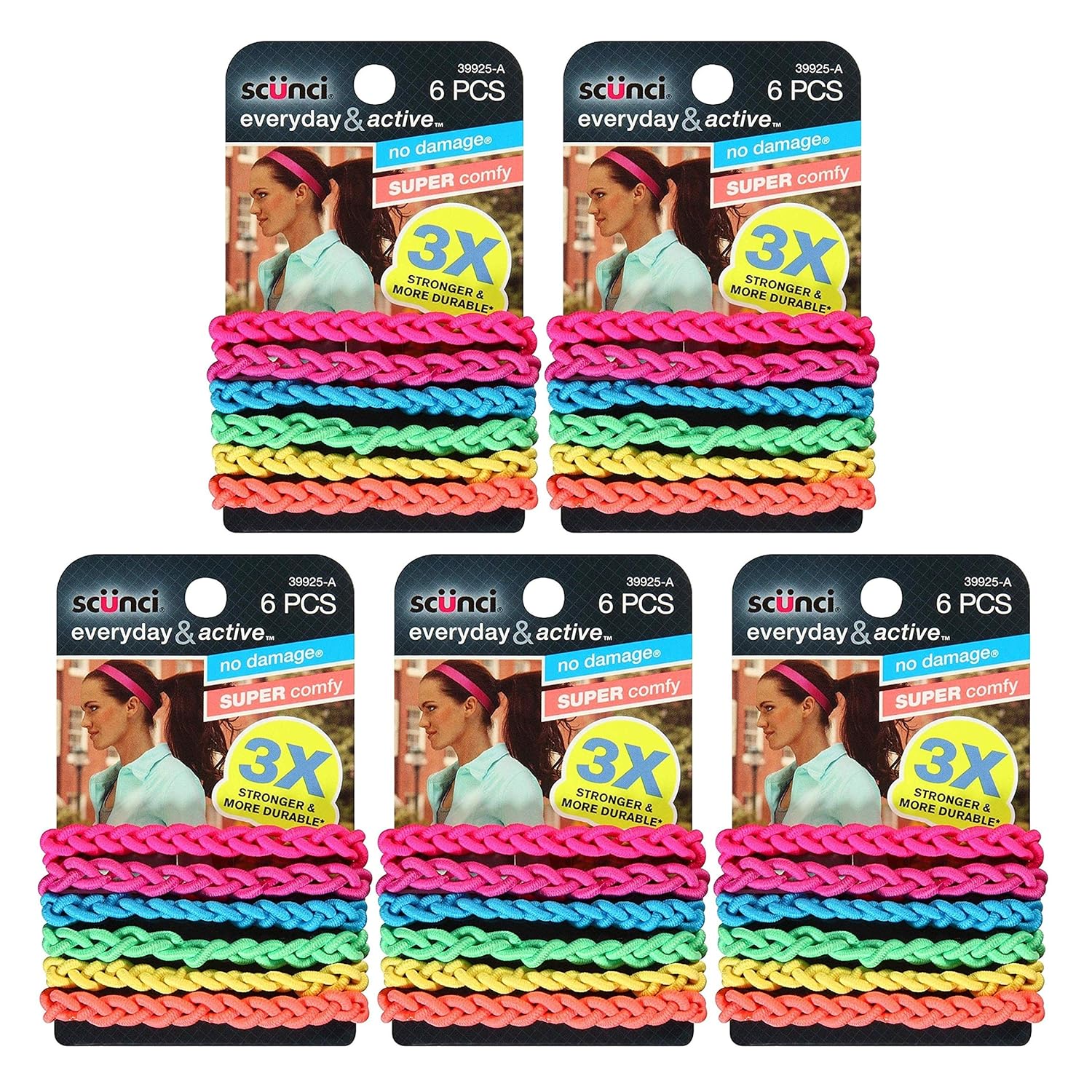 Scunci Everyday and Active Strand Elastics | Assorted Colors | 6-Pcs per Pack | 5-Packs