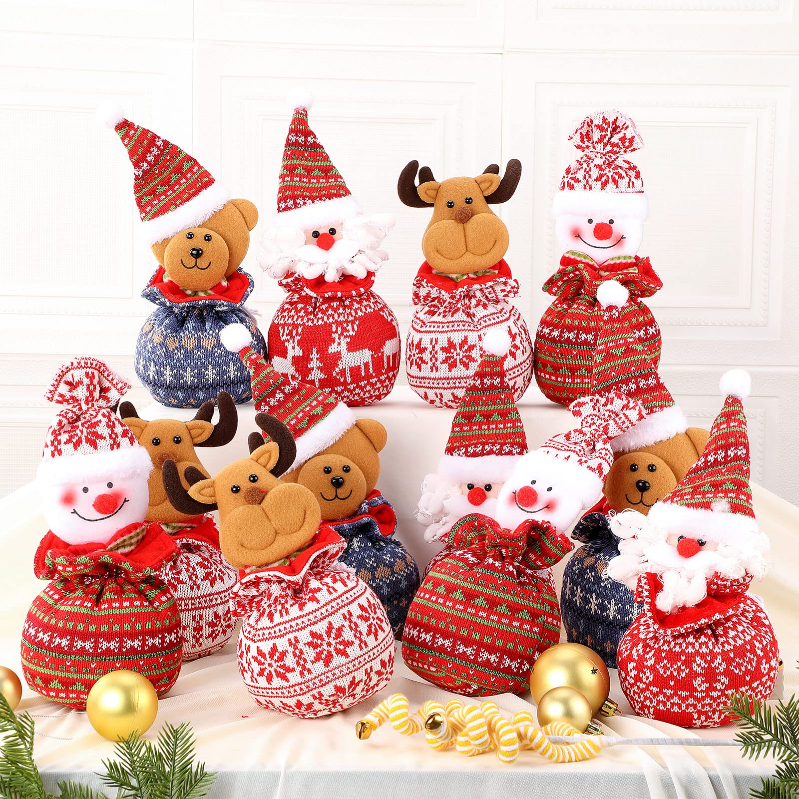 Shappy 12 Pcs Christmas Small Drawstring Bag Xmas 3D Doll Gift Bags Mini Christmas Apple Cookie Candy Holiday Treat Bag 11 x 6 Inch for Stockings