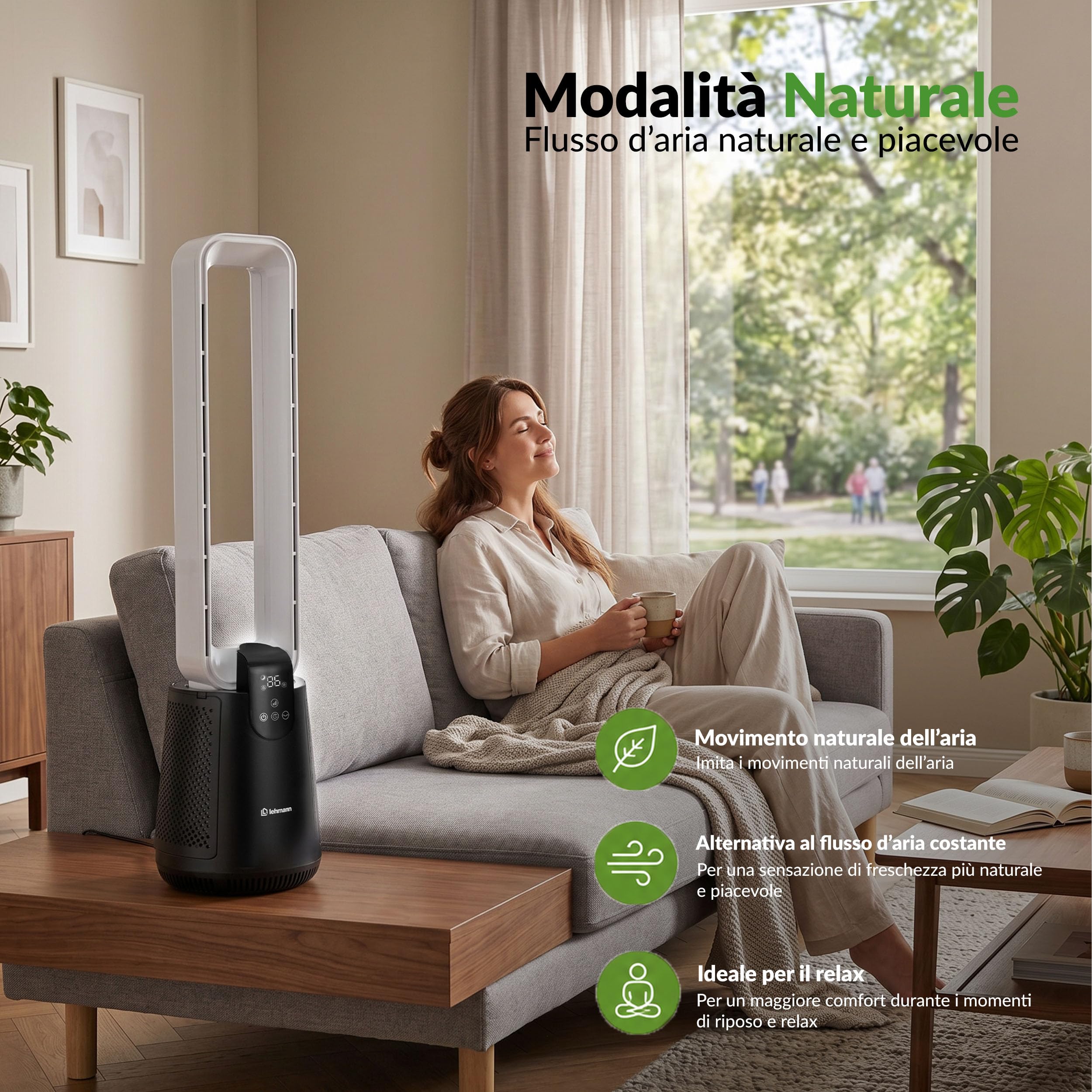 LEHMANN Ventilatore a Torre senza Pale 2 in 1 con Purificatore d'Aria, 2 Filtri HEPA, Silenzioso Modalità Notte, Timer 1-12 h, Telecomando e Display LED, Oscillazione, Per Camera da Letto & Ufficio