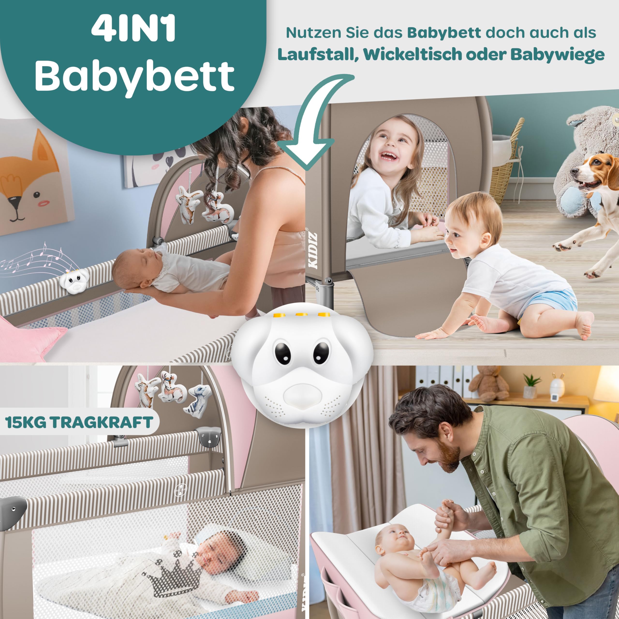Kidiz® Babybedje, campingbedje en box, 3-in-1, met aankleedkussen en klamboe, voor baby's vanaf de geboorte tot 15 kg, zijwanden met zijingang, draagtas, inklapbaar, grijs