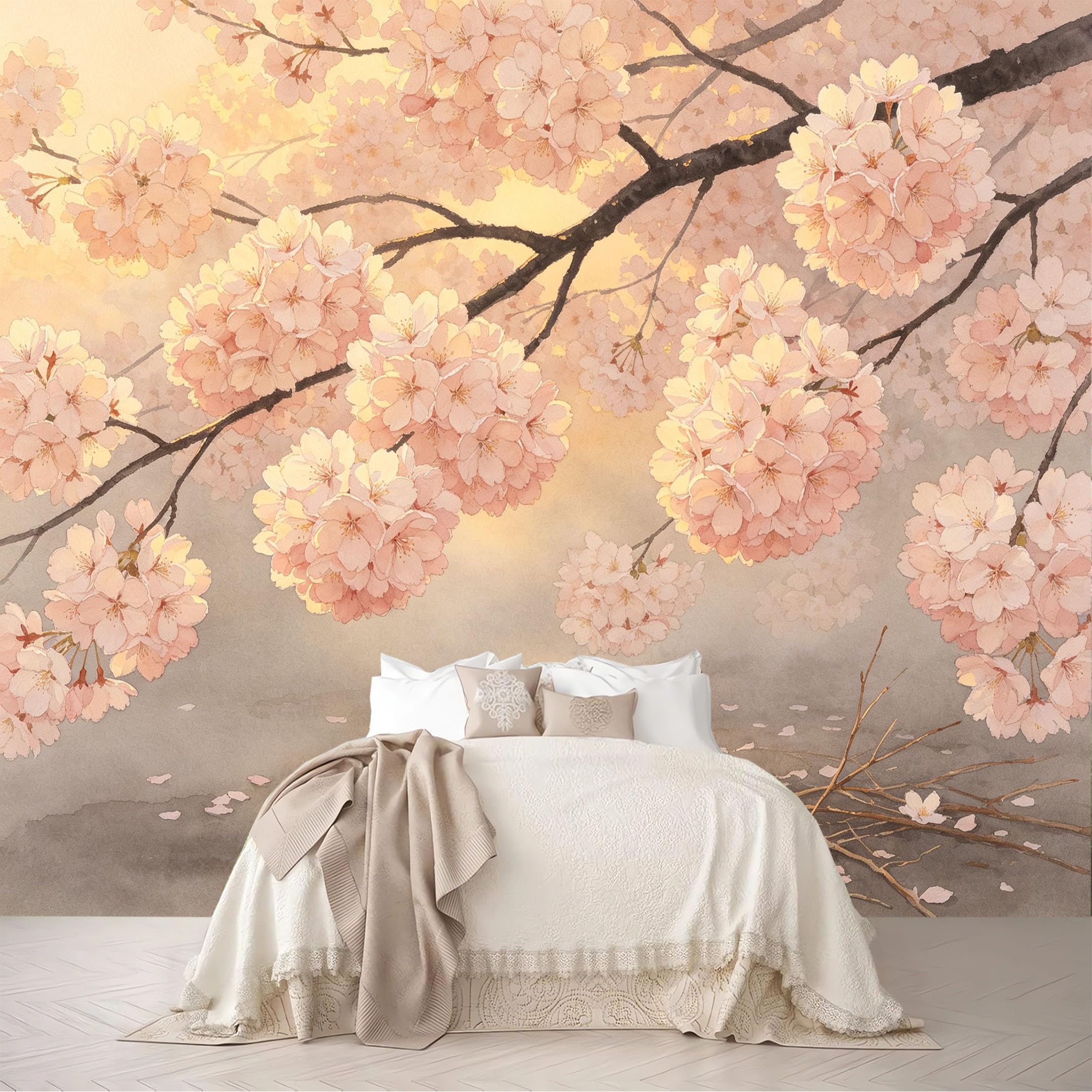 Custom Size Wall Mural Cherry Blossom Branch Watercolor Floral Print Removable Self Adhesive Peel and Stick Wallpaper for Bedroom Living Room
