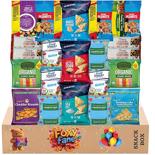 Foxy Fane 25 count Healthy Snack Box - Premium Holiday, Christmas & New Year Gift Care Package with Variety of Nuts, Crackers, Bars & more - Bulk Bundle of Delicious Treats (Variety Pack of 25 Snacks)