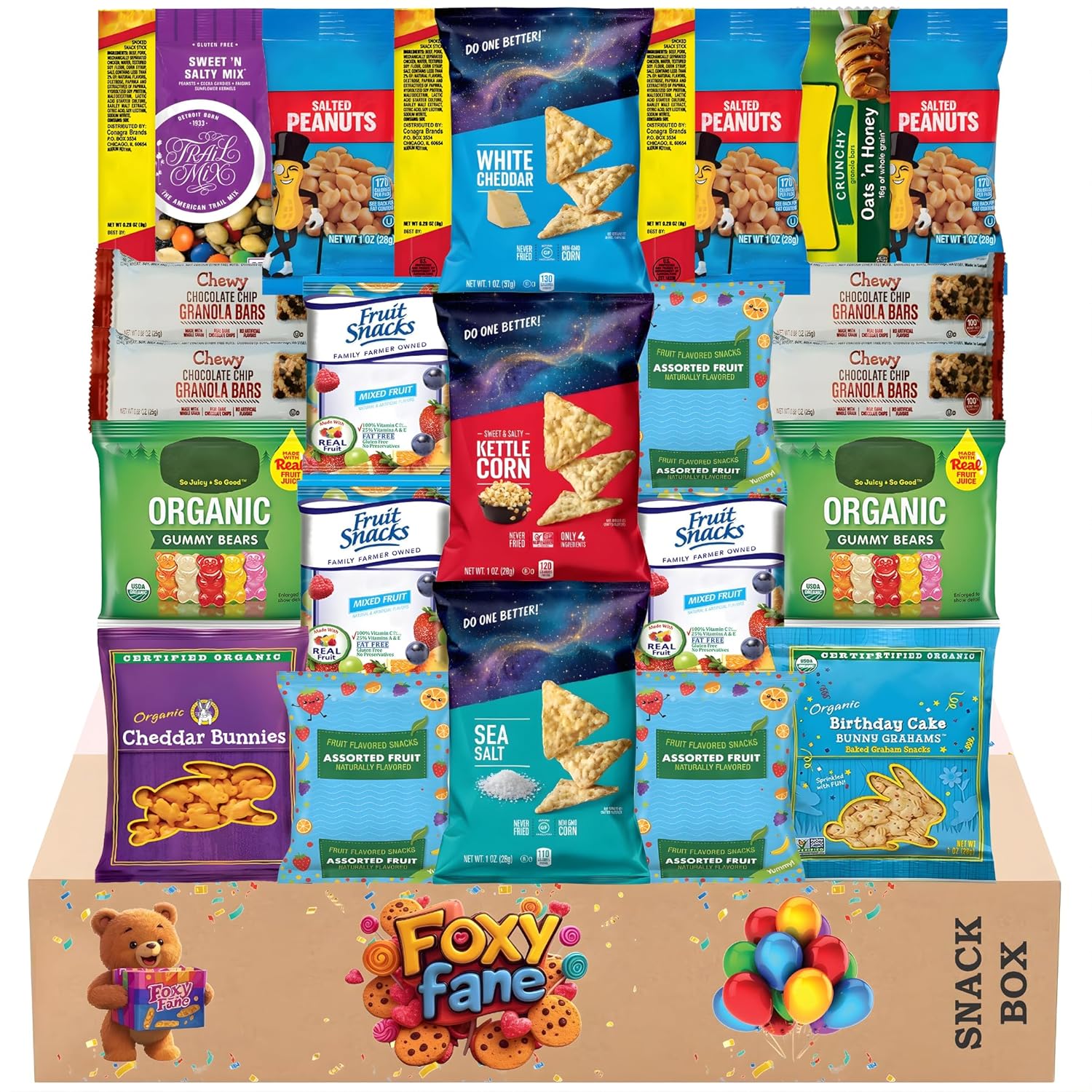 Foxy Fane 25 count Healthy Snack Box - Premium Holiday, Christmas & New Year Gift Care Package with Variety of Nuts, Crackers, Bars & more - Bulk Bundle of Delicious Treats (Variety Pack of 25 Snacks)
