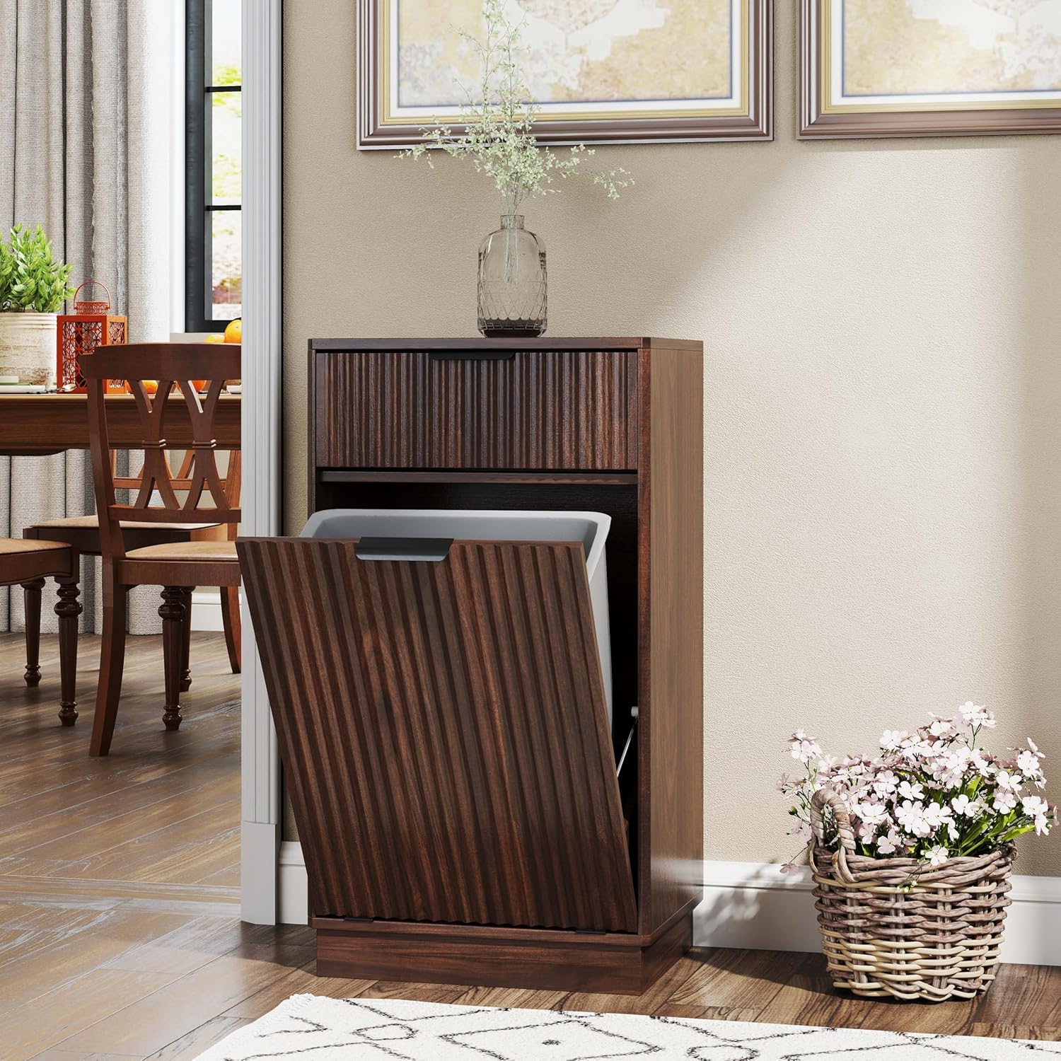 【10-Gallon Tilt-Out Trash Can Cabinet】 Woodgrain Recycling Cabinet with Wave Texture, 19x13.8 Inch Hideaway Garbage Bin for Kitchen Bathroom, Storage Organizer (Walnut)