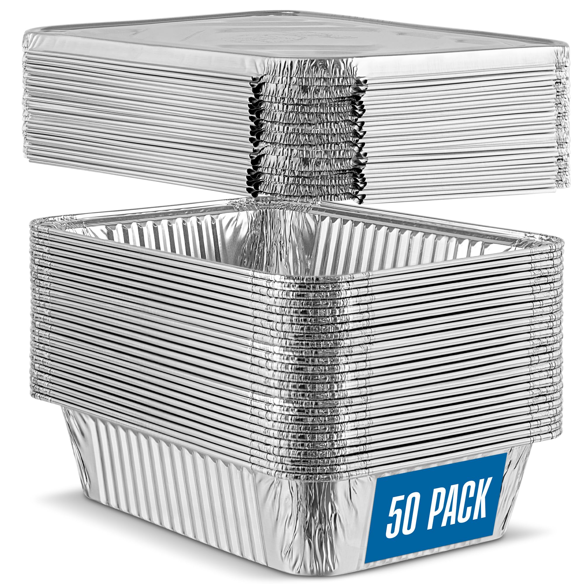 PLASTICPRO 50 Stück Aluminiumpfannen mit Deckel, 16,5 x 22,9 cm, robuste Folienpfannen zum Backen und Kochen