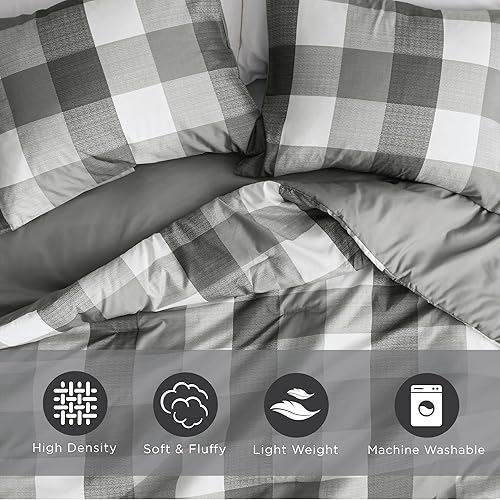 Miniatura 4 de Hyde Lane Juego de edredón a cuadros tamaño individual para adolescentes, edredón de granja tamaño individual, edredón gris y blanco, juego de ropa