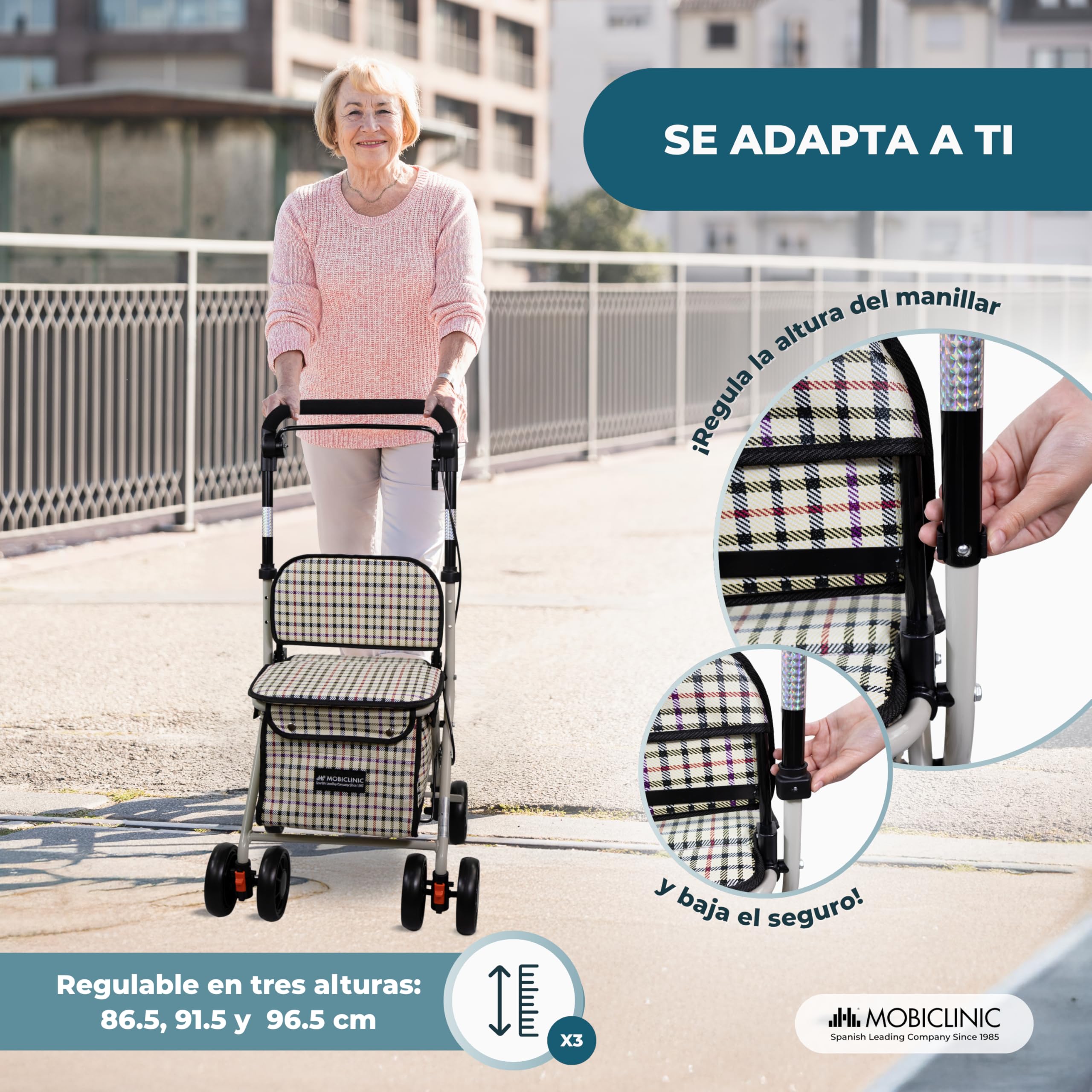 Mobiclinic Andador Plegable Carro de la Compra con Asiento Coliseo Acero Ruedas 360º