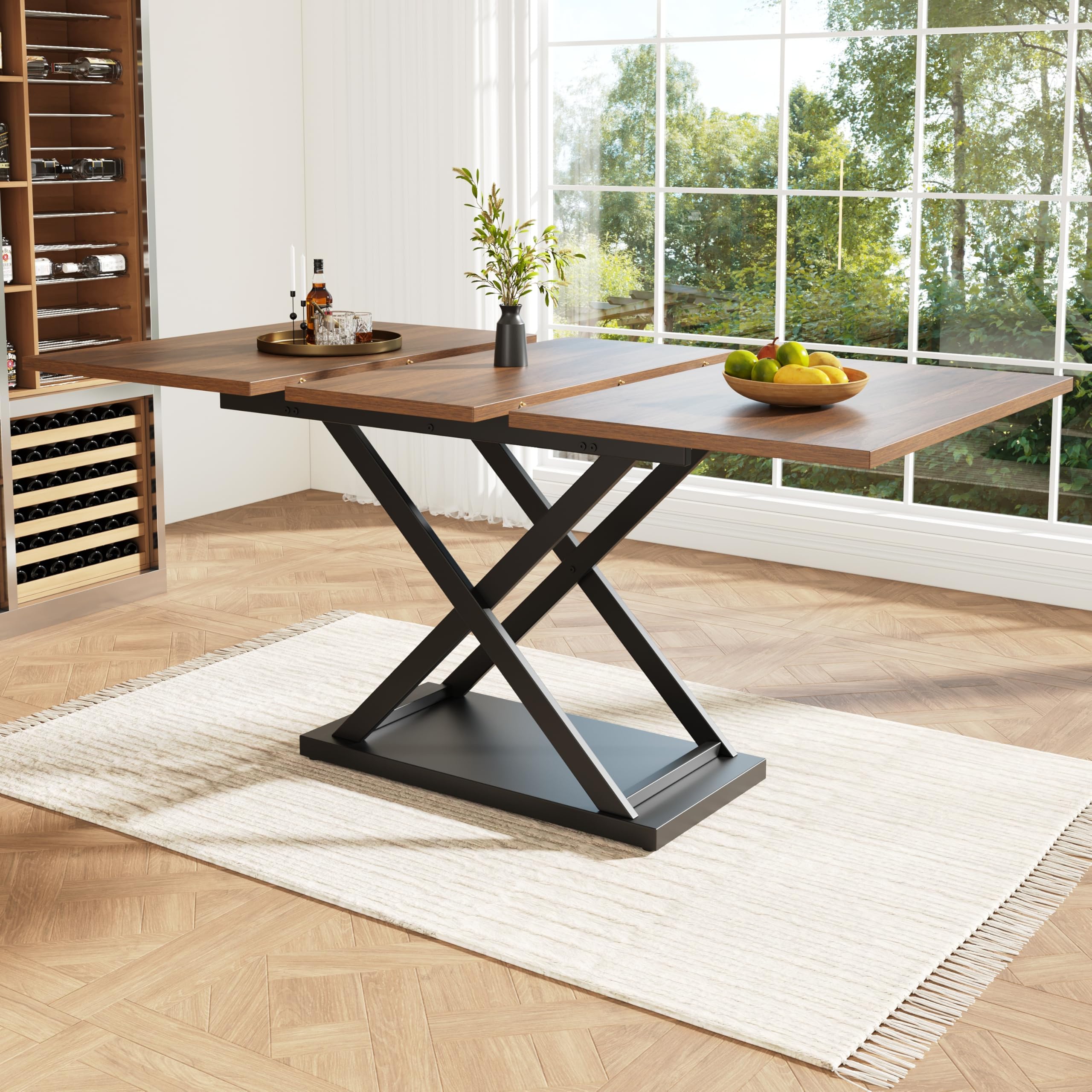 Expandable Dining Table for 6-8 People, Telescopic Kitchen Table, Black Crossed Iron Legs, Rectangular Dining Table for Kitchen & Dining Room, Brown 120-160×80cm
