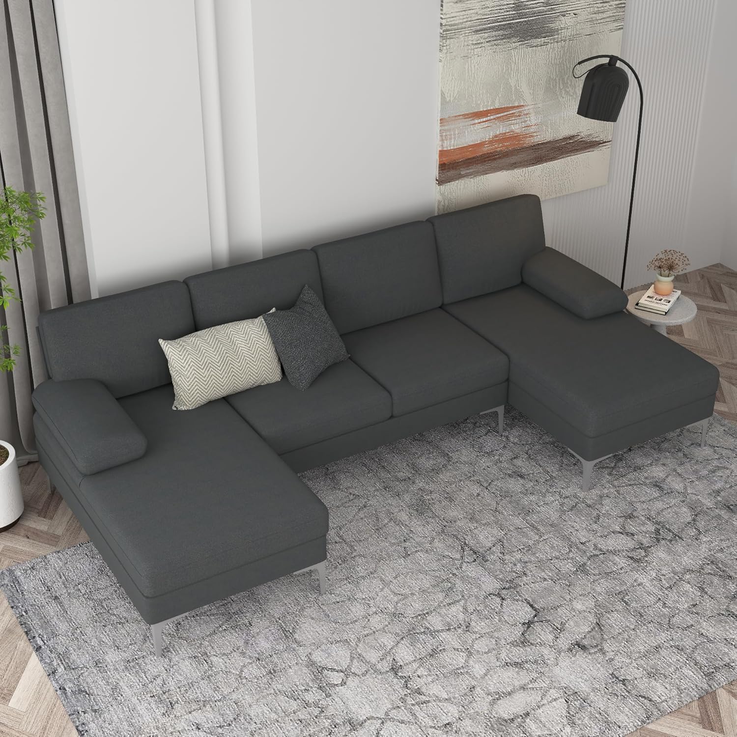 VERYKE Modern U-Shaped Sectional Sofa, 110'' Linen Fabric Couch, Upholstered Sofa Bed with Metal Legs for Home Office