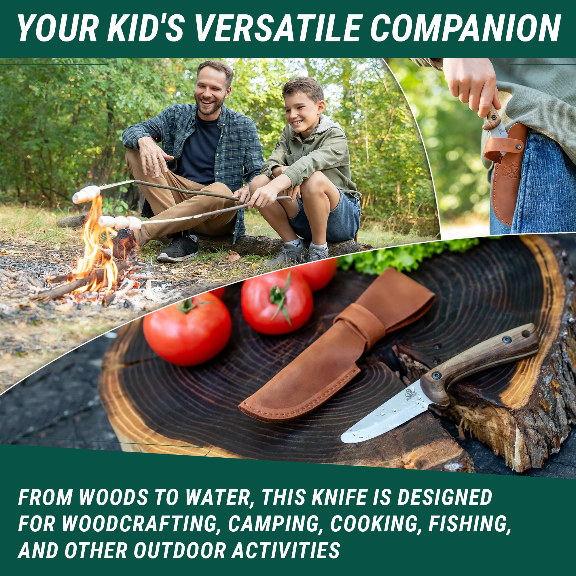 BeaverCraft Pfadfindermesser für Kinder – Schnitzmesser für Kinder – Sicheres Kindermesser mit abgerundeter Spitze und Scheide – Erste Bushcraft-Messer für Jungen von 8–12 Jahren BSH Kid