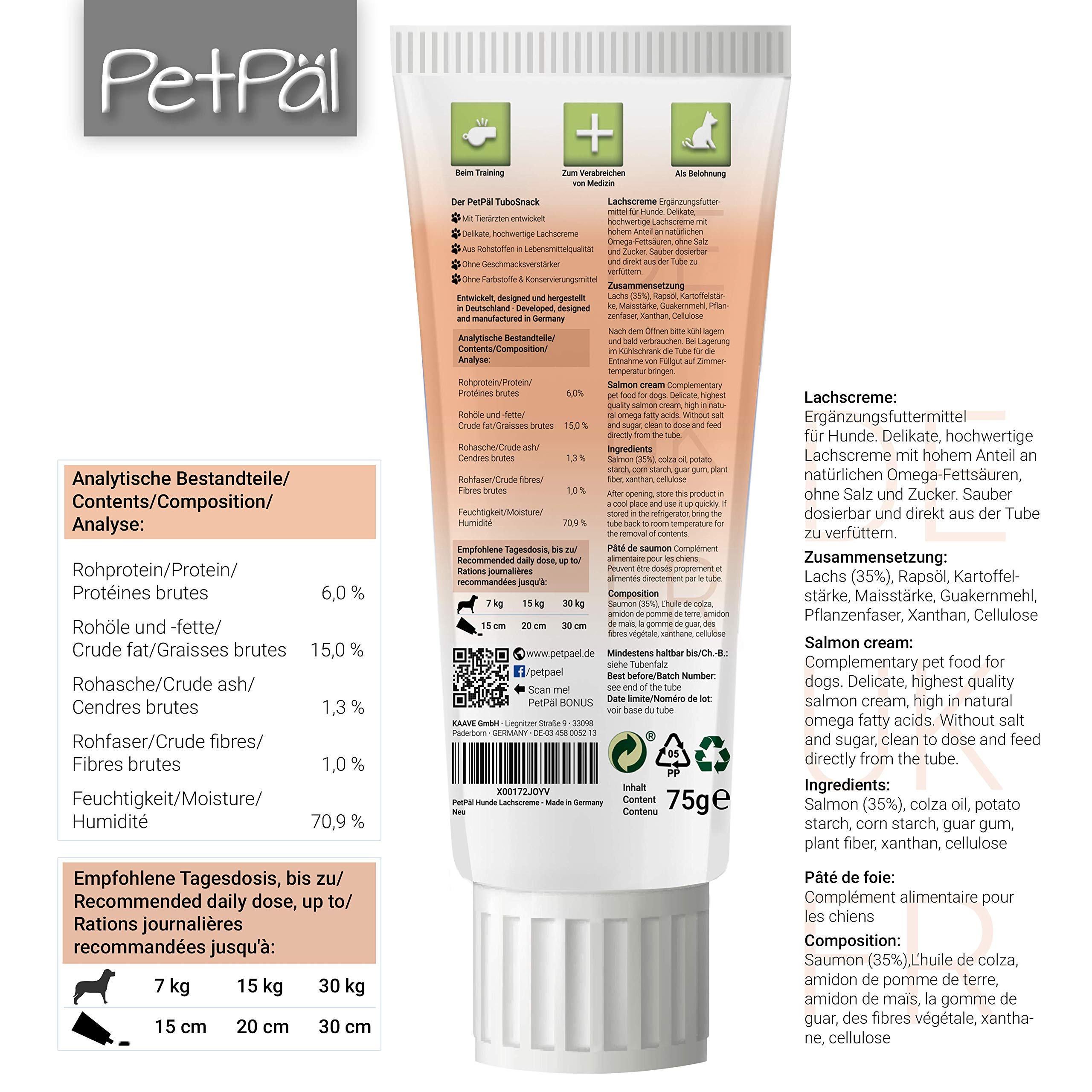 PetPäl Saucisse pour Chiens TuboSnack - Lot de 12: Crème de Saumon en Tube - Premium Friandise naturellement délicieuses sans Céréales, Sucre, Sel - Aussi pour Les Chiots - Made in Germany
