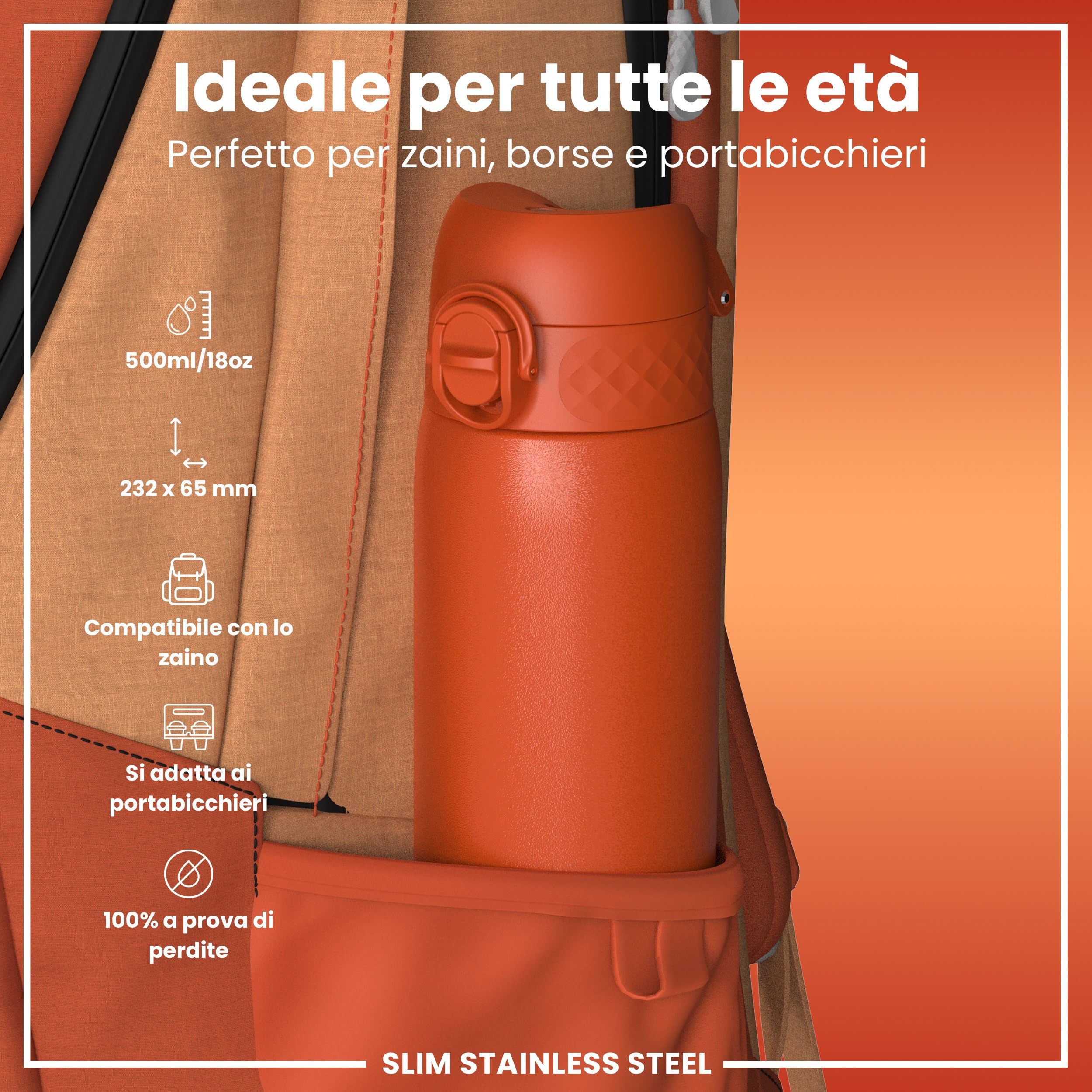 Ion8 Borraccia Acciaio Inox, 600ml, a Prova di Perdite, Facile da Aprire, Serratura Sicura, Lavabile in Lavastoviglie, Adatta a Portabicchieri, Maniglia per il Trasporto, Durevole