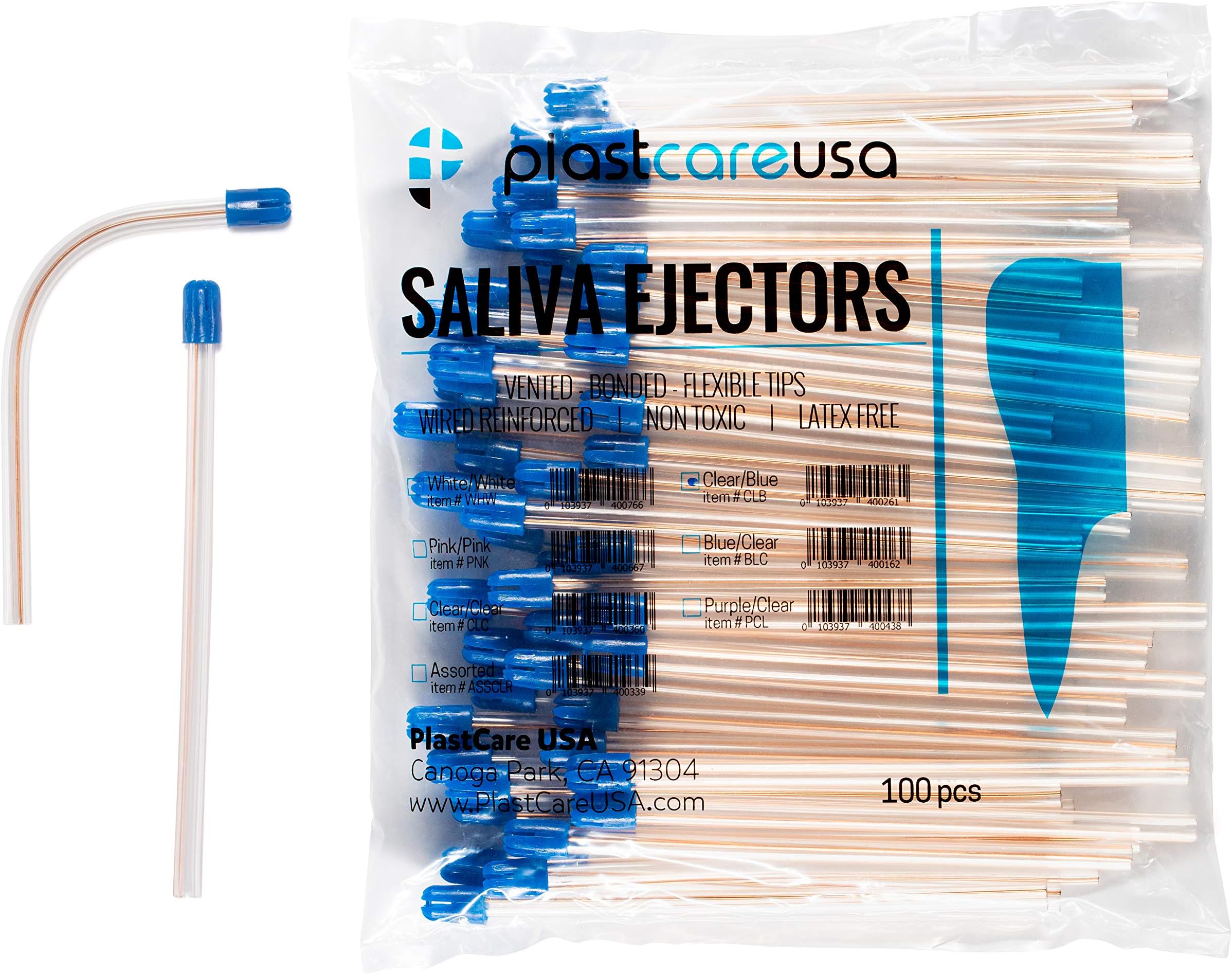 100 Dental Saliva Ejectors Disposable - Medical Grade Latex Free Evacuation Suction Tips - Flexible Clear Tube with Blue Tip (100 Pack) by PlastCare USA