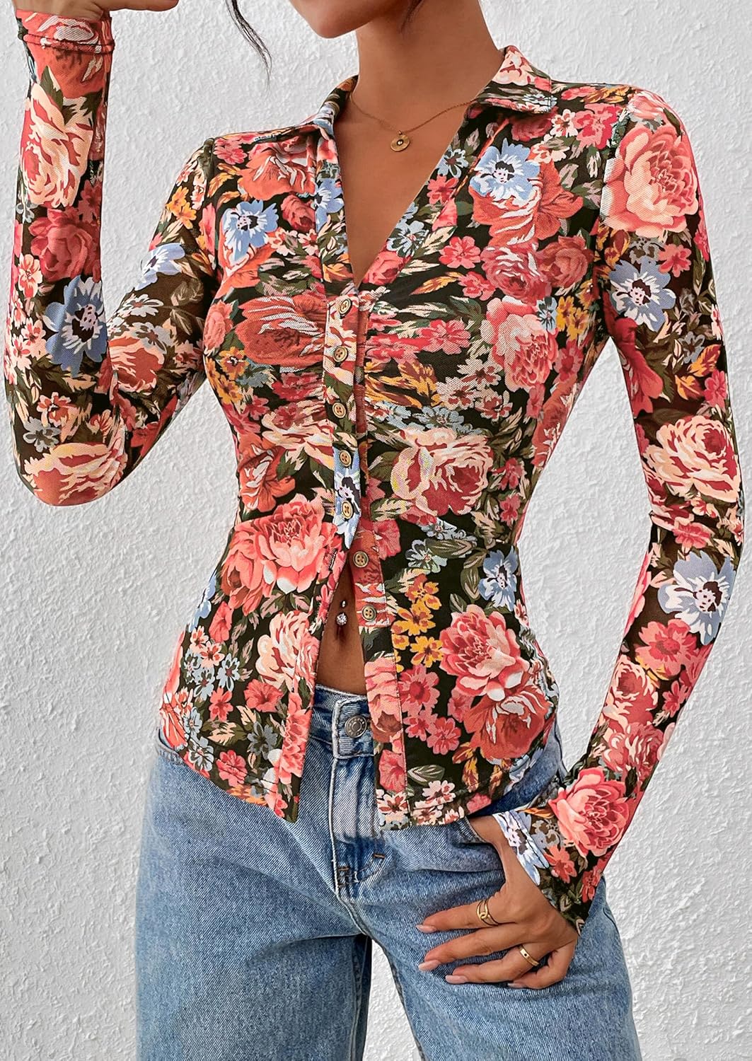 PRETTYGARDEN Women Button Down Floral Shirts 2026 Fall Trendy Long Sleeve V Neck Mesh Boho Blouse Spring Tops Date Outfits - Image 7