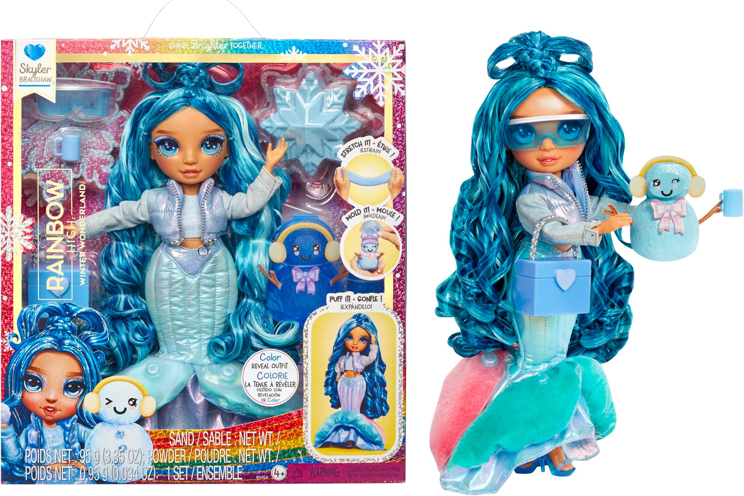 Winter Wonderland Skyler - Blue 11” Fashion Doll with Magic Snow Hidden in Fashion That Puffs Up with Water, and Snowman Kit, Great Gift for Kids 4-12 Years Old