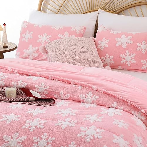 Miniatura 7 de JANZAA Juego de edredón de Navidad tamaño King, juego de edredón rosa de terciopelo con copo de nieve blanco, estereoscópico de 3 piezas, juego de