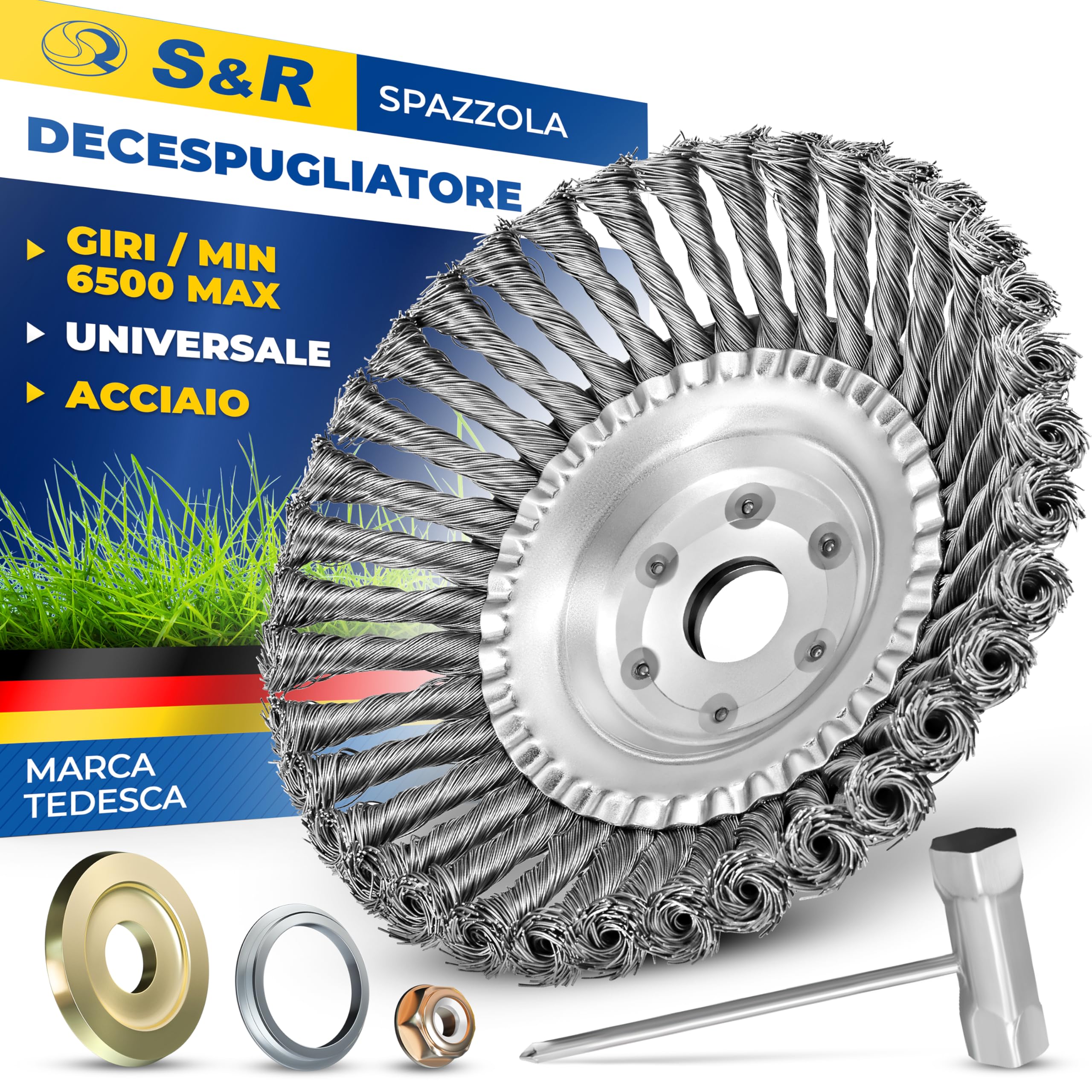 S&R Testina Spazzola Decespugliatore Acciaio PREMIUM 200mm Disco Tosaerba in Acciaio per Erbacce Erba Prato con Foro 25,4 mm