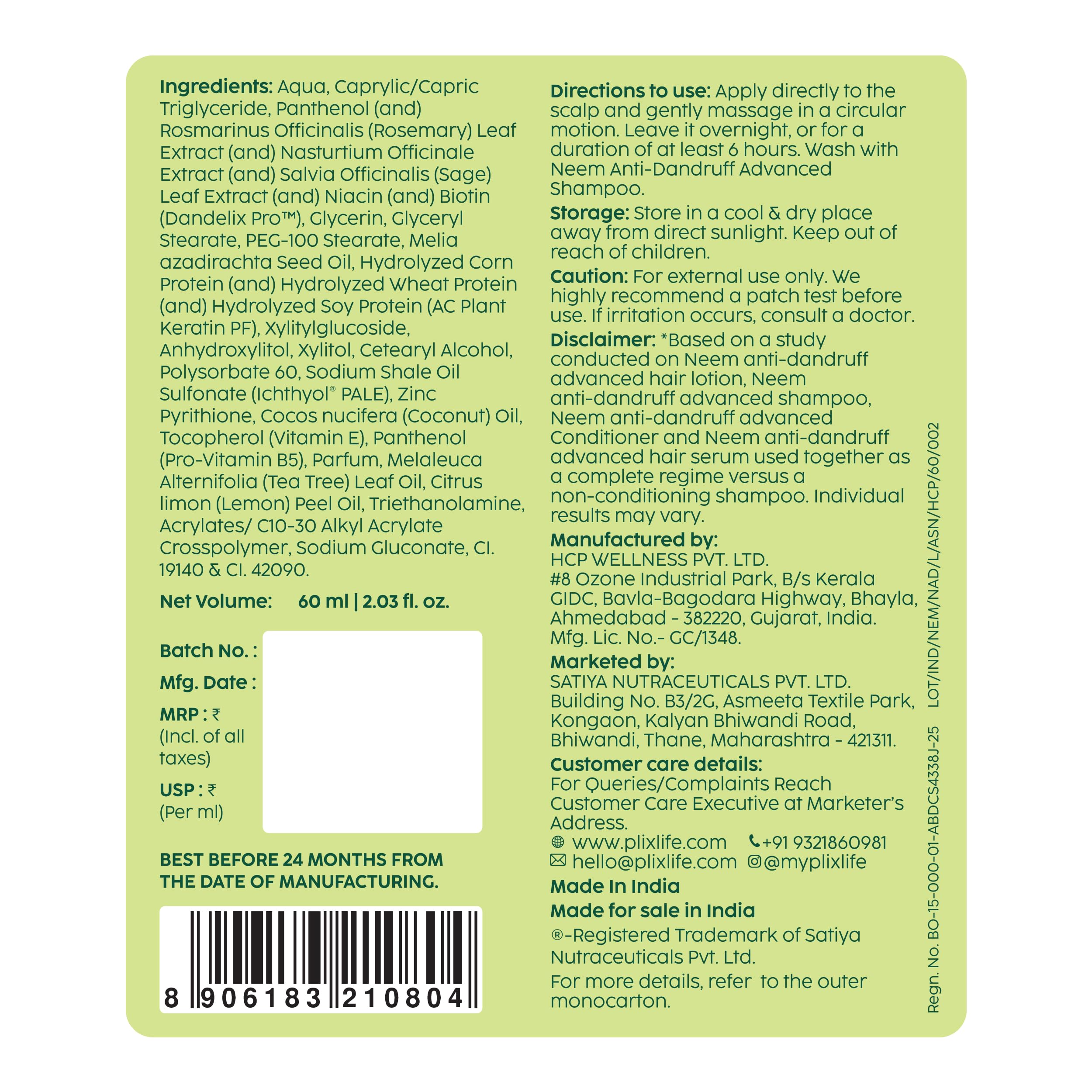 The Plant Fix Plix Neem Anti-Dandruff Advanced Lotion | Reduce Dandruff, Itching & Irritation | With Dandelix Pro & Ichthyol PALE | Paraben & Sulphate Free | Unisex (60ml)