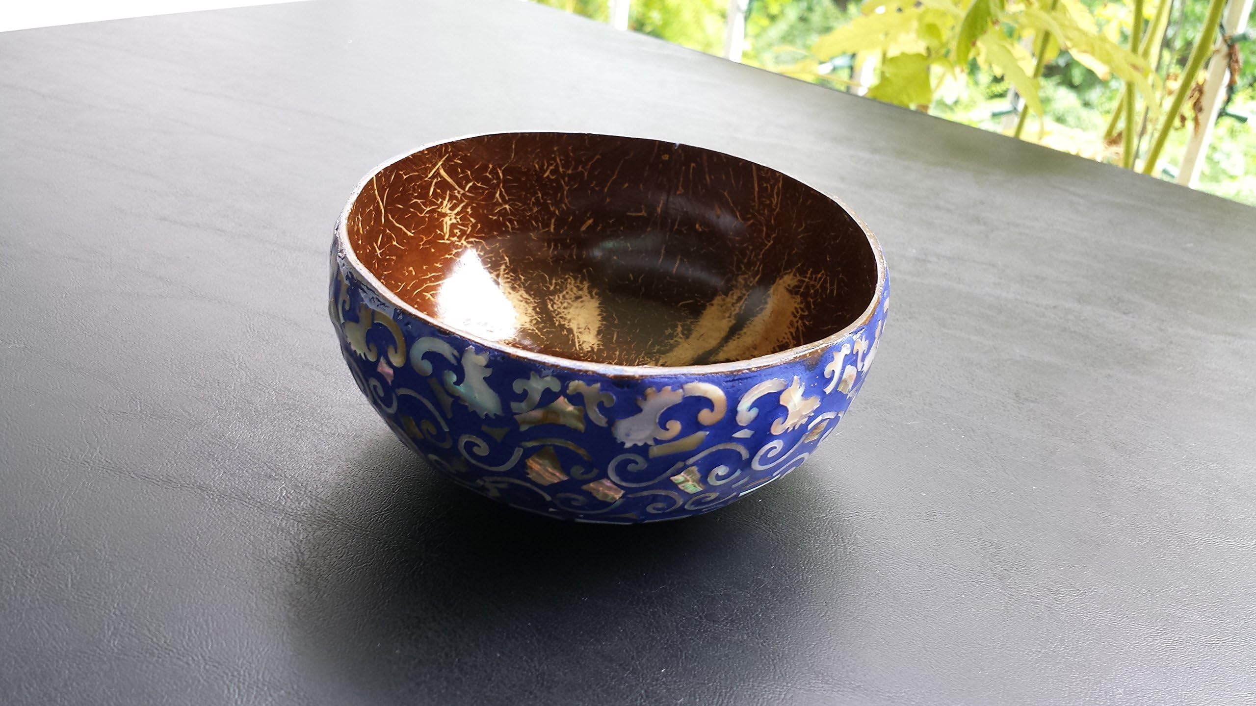Coconut bowl with Eggshell and Seashell inlaid Outside - Dark Blue (CB26)